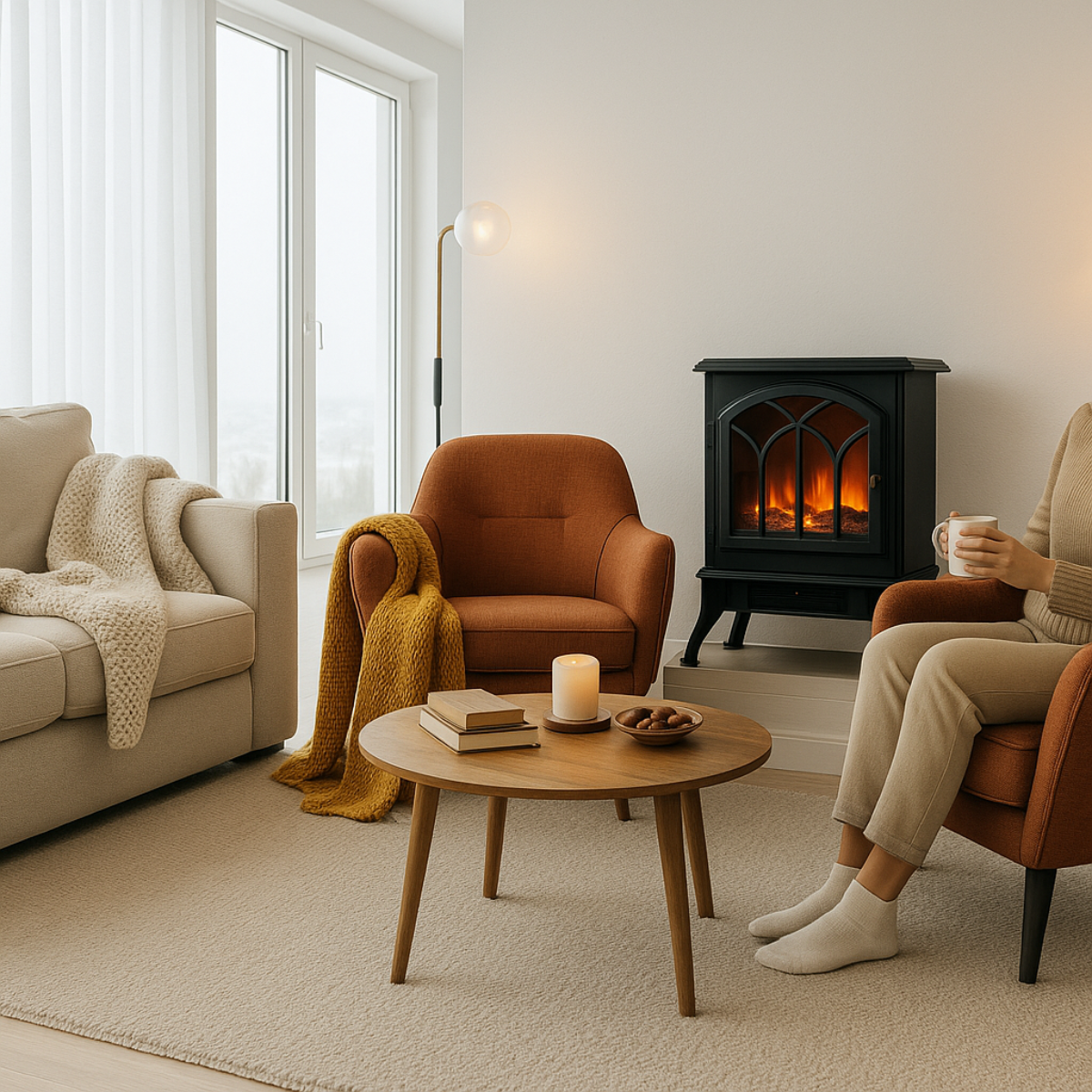 Gezellige woonkamer met open haard, stoelen en salontafel. Een persoon zit en houdt een mok vast. De kamer is licht en luchtig.