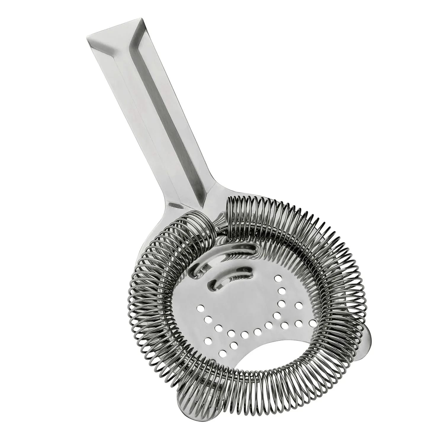 Un colino per cocktail in acciaio inossidabile con manico e una molla a spirale attorno a un disco perforato. Sfondo bianco.