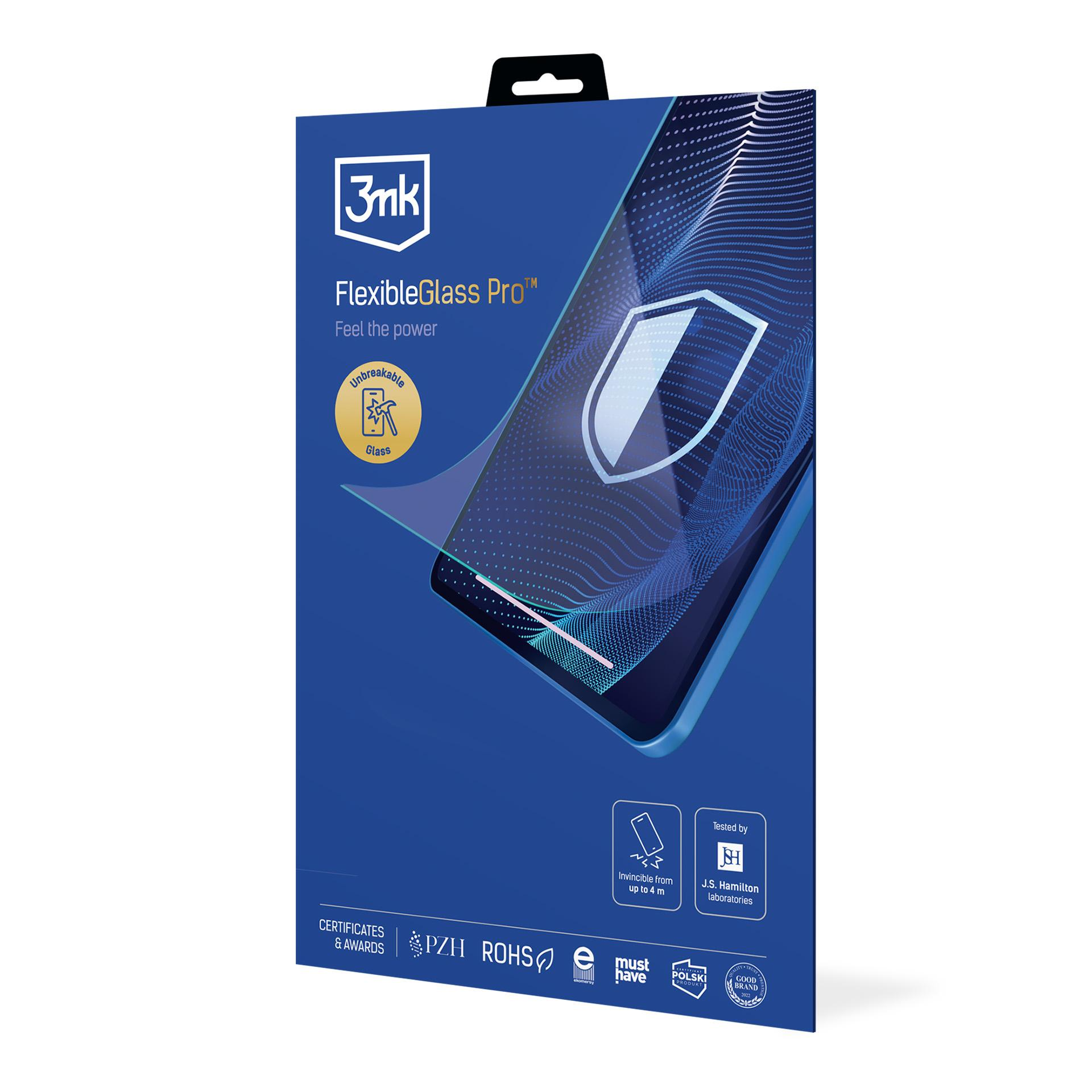 Pudełko dla FlexibleGlass Pro. Niebieskie tło z ilustracją ekranu telefonu. Tekst zawiera nazwę marki i certyfikaty.