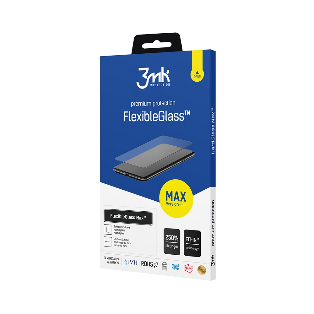 Niebiesko-białe pudełko z FlexibleGlass Max ochroną ekranu do telefonów. Pudełko pokazuje telefon z ochraniaczem.