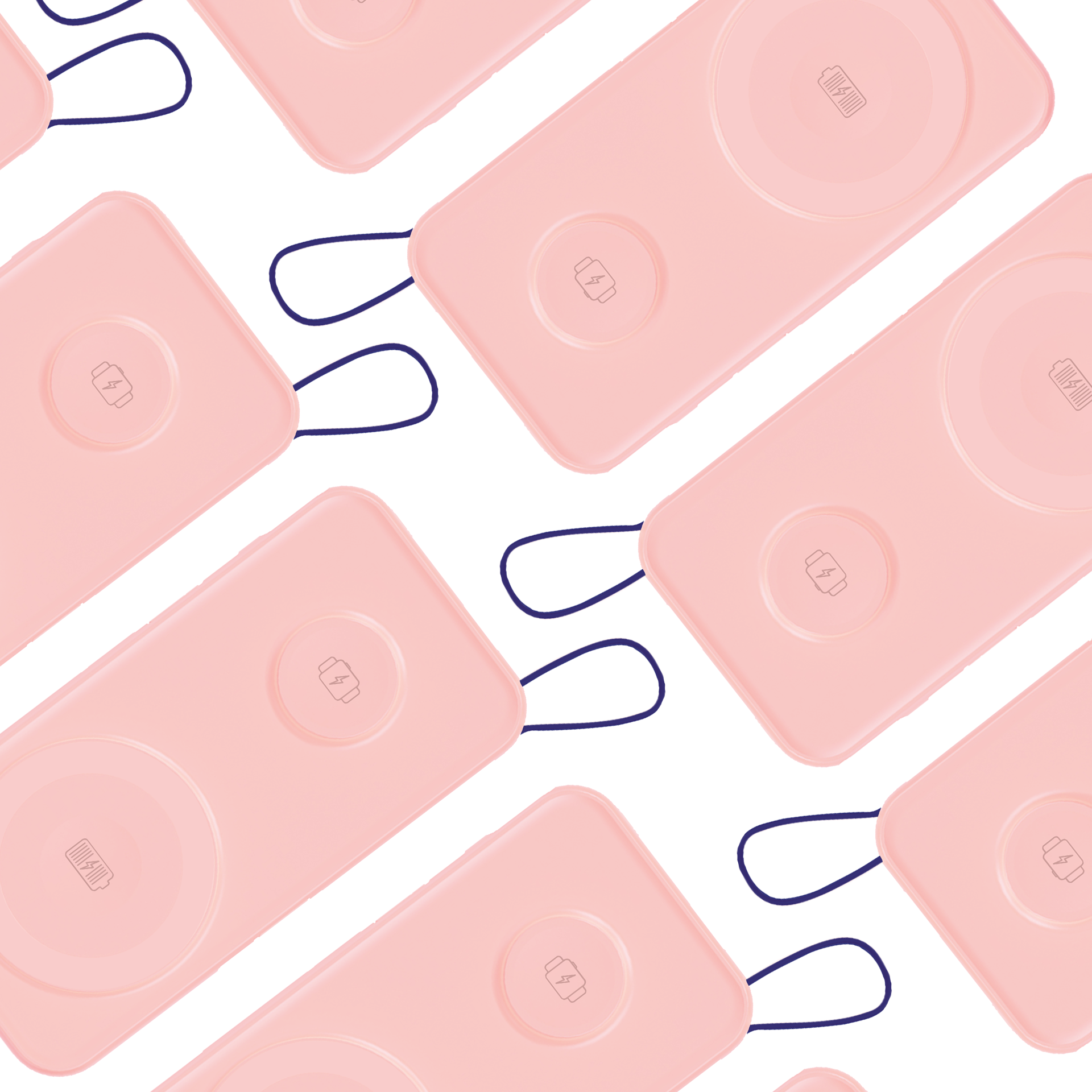 Różowe ładowarki bezprzewodowe z ikonami ładowania i granatowymi pętlami, ułożone ukośnie na białym tle.