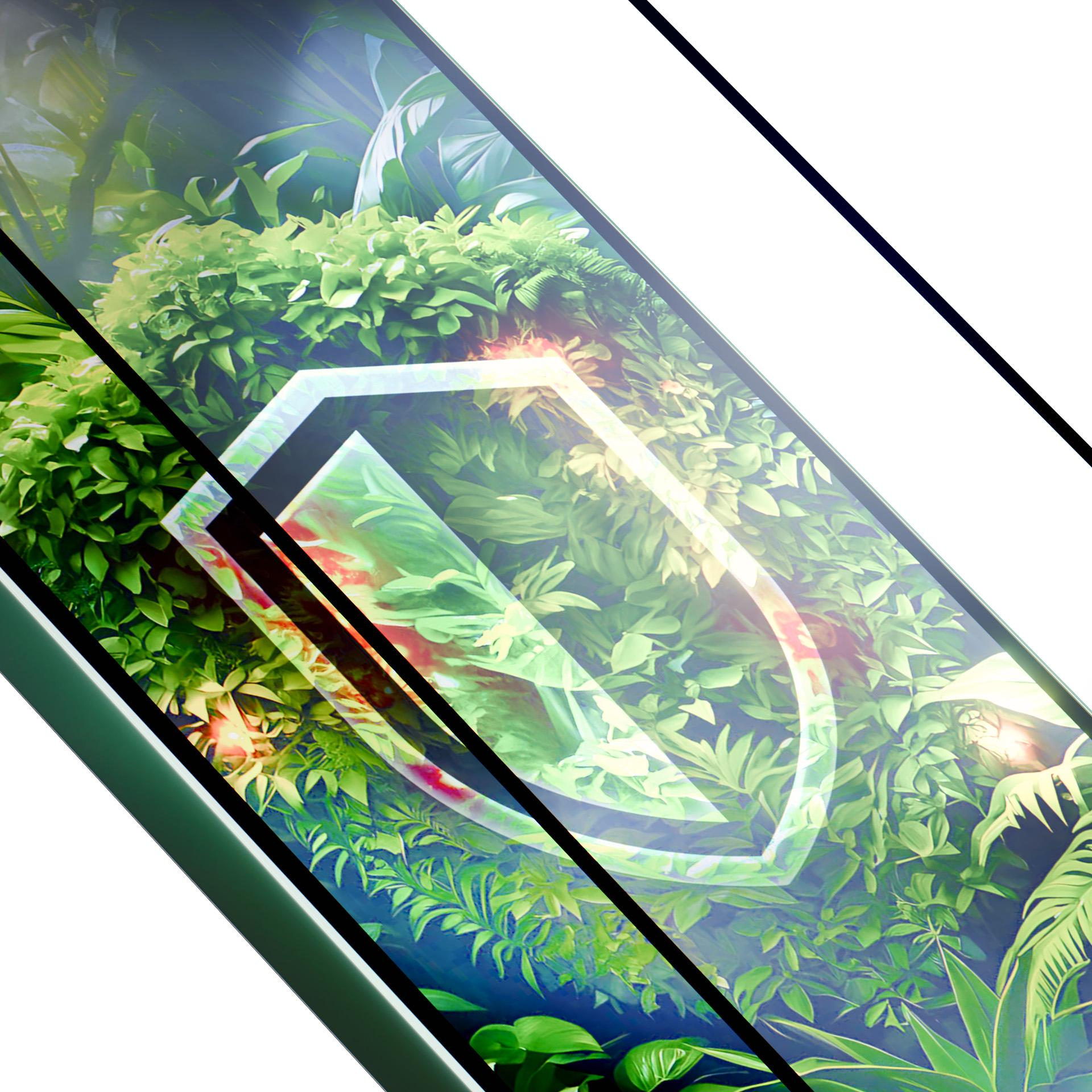 Abstrakcyjny obraz z dżunglopodobnym tłem, na którym nałożono skośne czarne linie i świecący, geometryczny kształt.