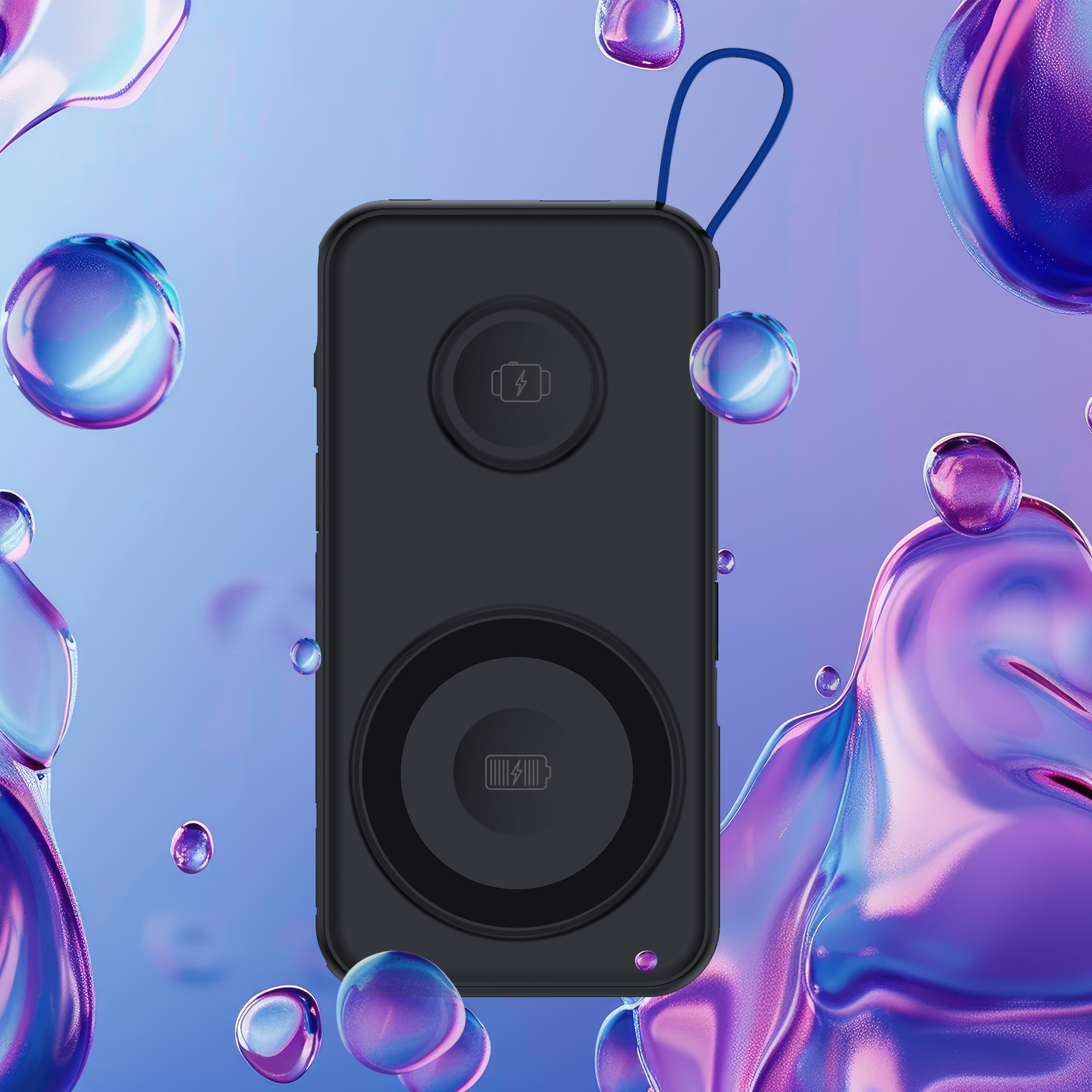 Czarna ładowarka bezprzewodowa z niebieską pętlą. Ma ikony ładowania. Bąbelki w tle.