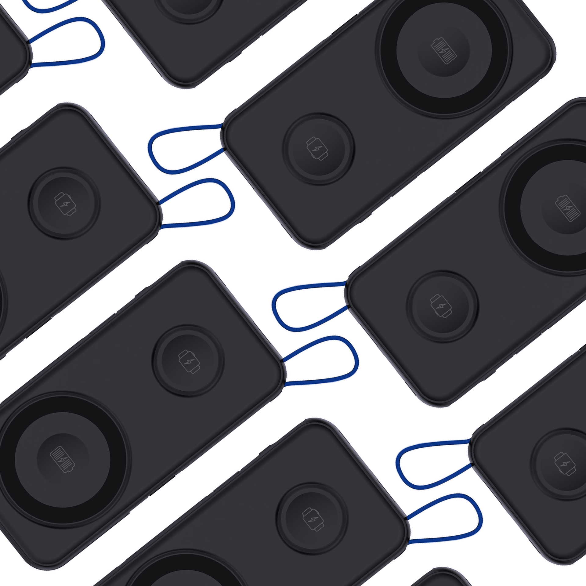 Ciemnoszare ładowarki bezprzewodowe z niebieskimi pętlami, powtarzający się wzór na białym tle. Każda ma wskaźnik ładowania.