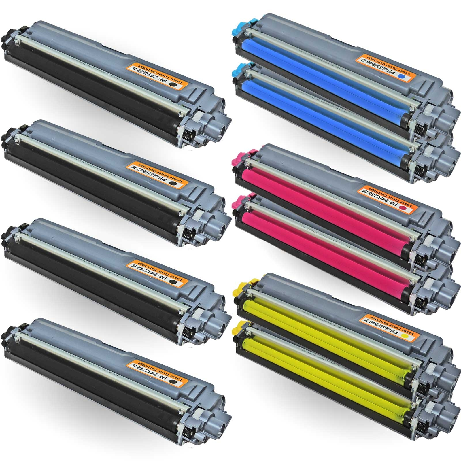 Das Bild zeigt mehrere Druckertonerpatronen. Verschiedene Farben, darunter Schwarz, Cyan, Magenta und Gelb, sind sichtbar.