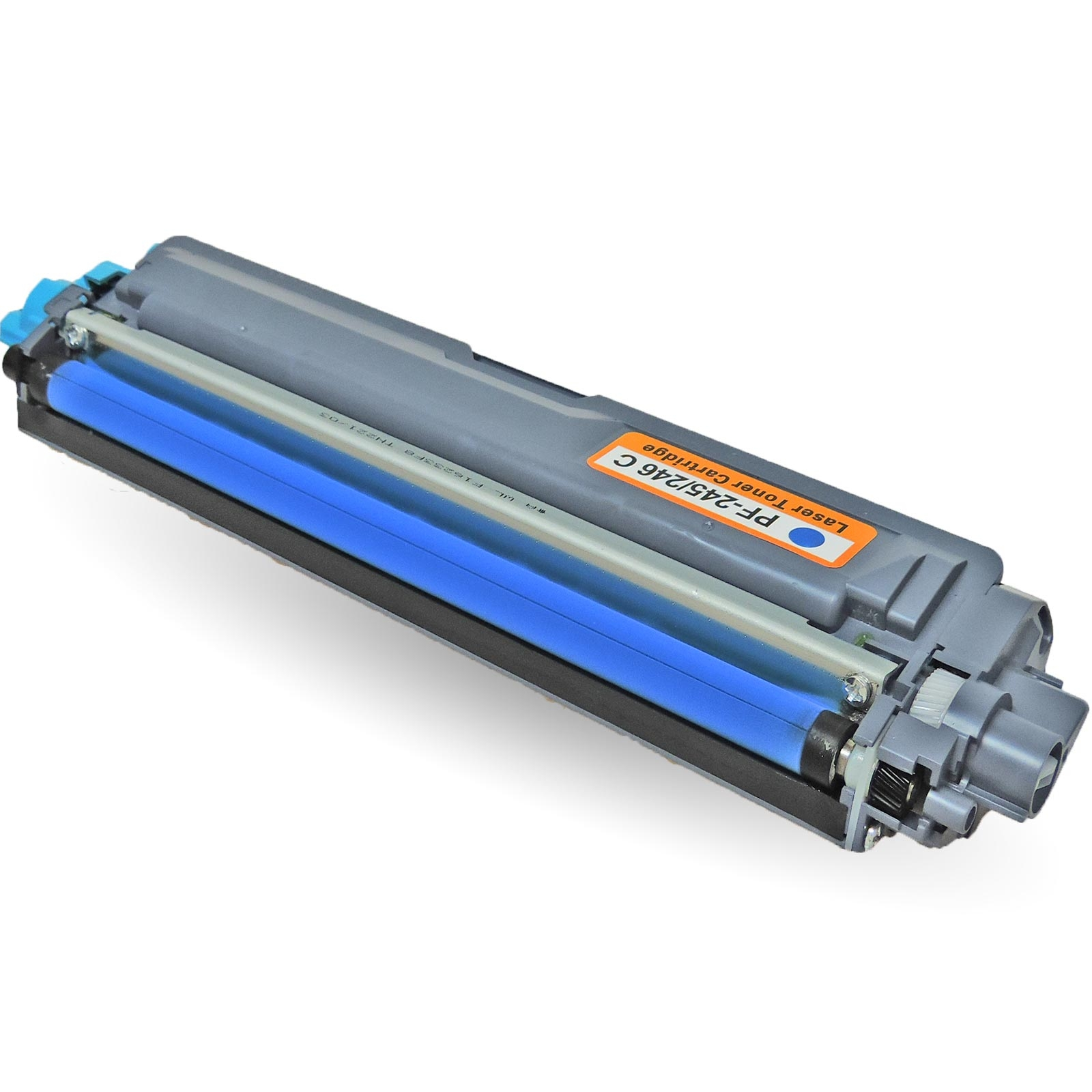 Eine Laser-Tonerkartusche, grau und blau, auf weißem Untergrund. Es hat blaue Rollen und ein Etikett.
