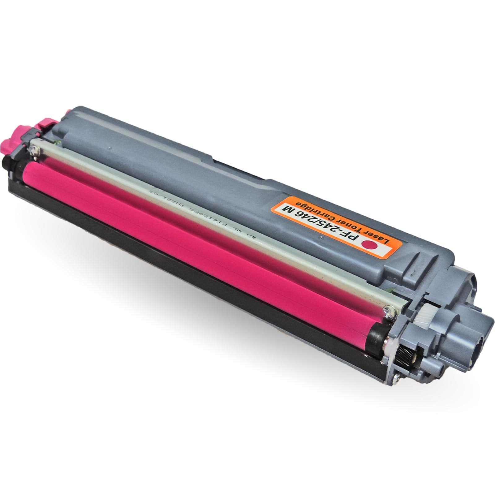 Eine graue und rosa Laser-Tonerkartusche, beschriftet mit PF-245/246 M, auf weißem Hintergrund. Die Kartusche ist scharf.