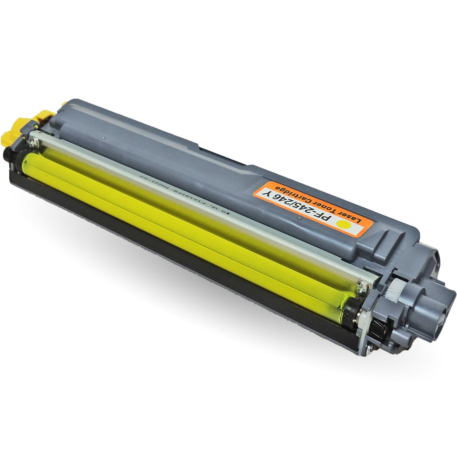 Eine gelbe Lasertonerpatrone. Die Patrone hat einen grauen Körper und ein gelbes Innenleben mit orangenem Etikett.