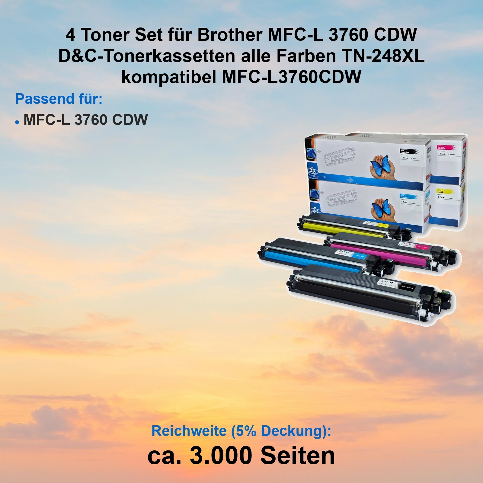 Toner-Set für Brother-Drucker. Kartons und Patronen in Schwarz, Cyan, Magenta und Gelb. Text auf dem Produkt.