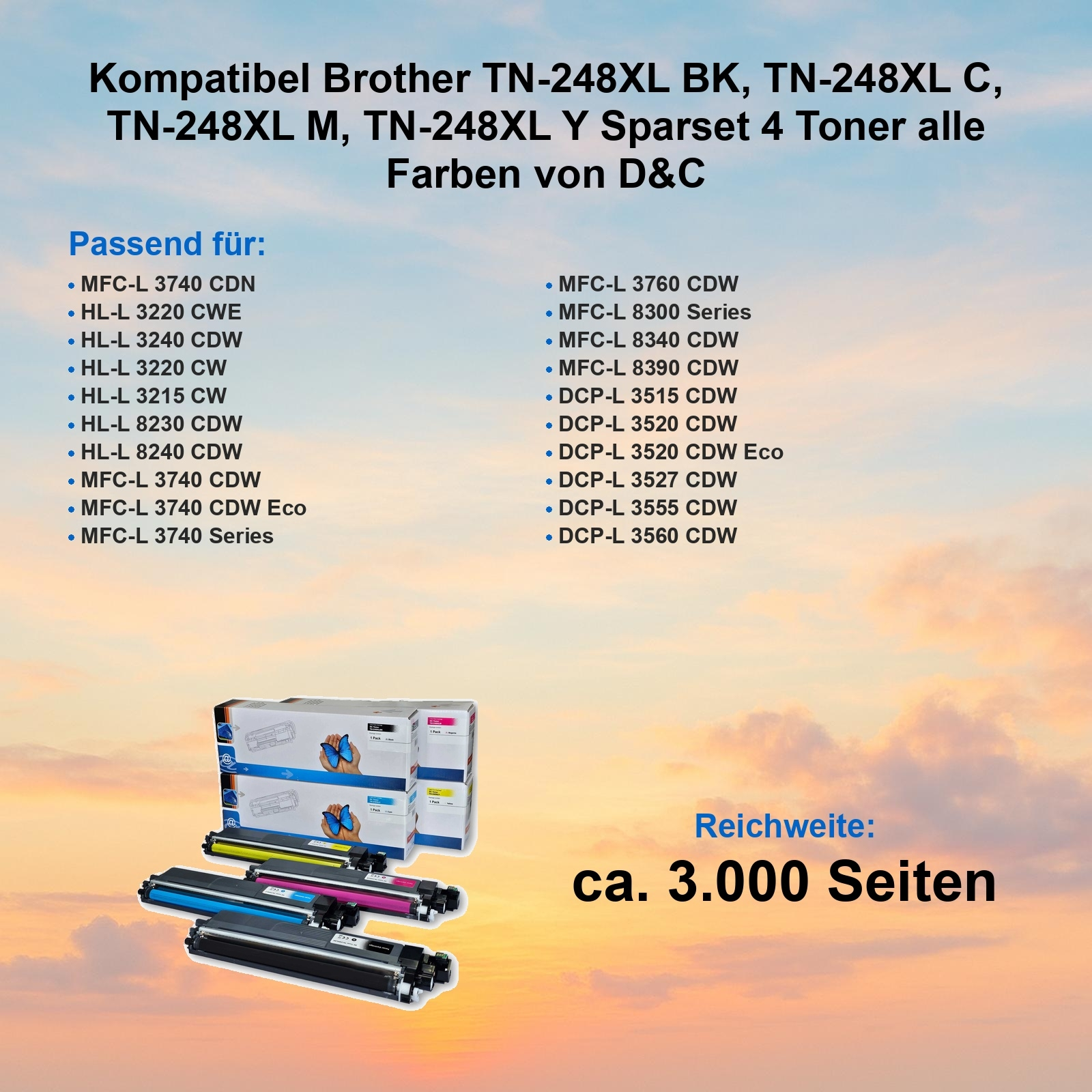 Das Bild zeigt Tonerkartuschen und -boxen. Text listet kompatible Druckermodelle und Seitenausbeute.