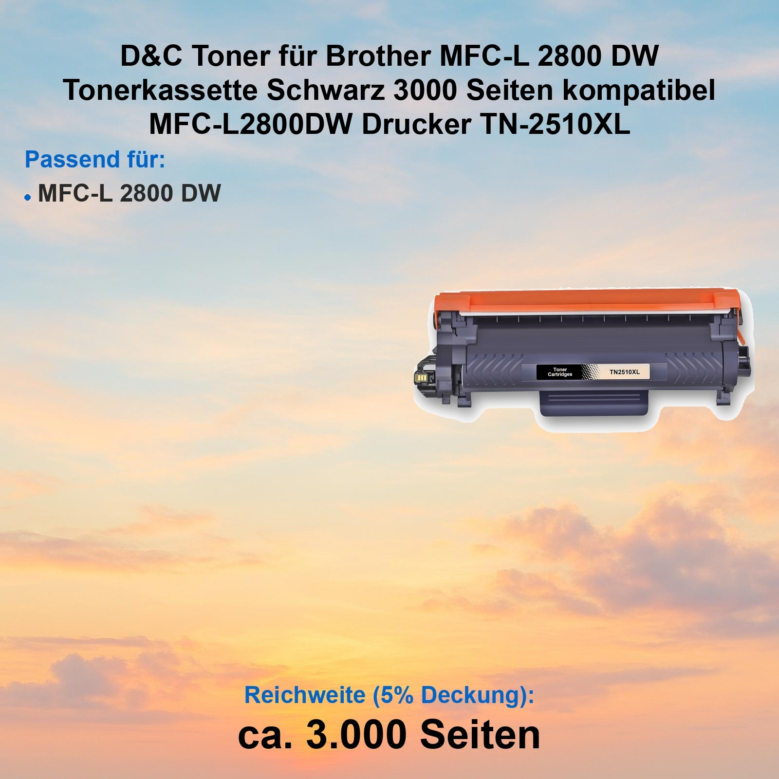 Eine Tonerpatrone für Brother-Drucker, mit orangefarbenen und schwarzen Farben. Der Hintergrund zeigt einen Sonnenuntergang.