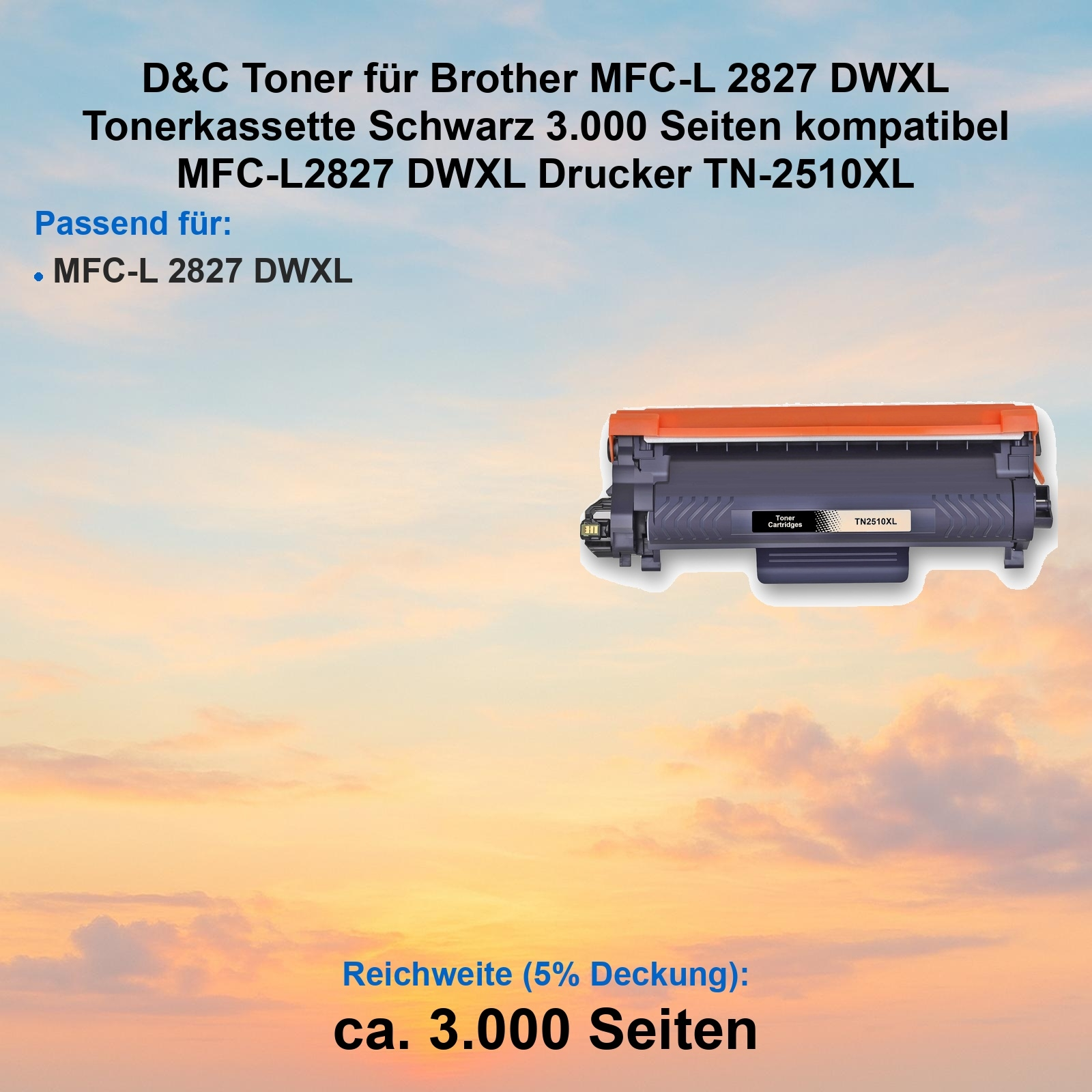 Eine Tonerkartusche für einen Brother-Drucker mit Text und einem Sonnenuntergangshintergrund.