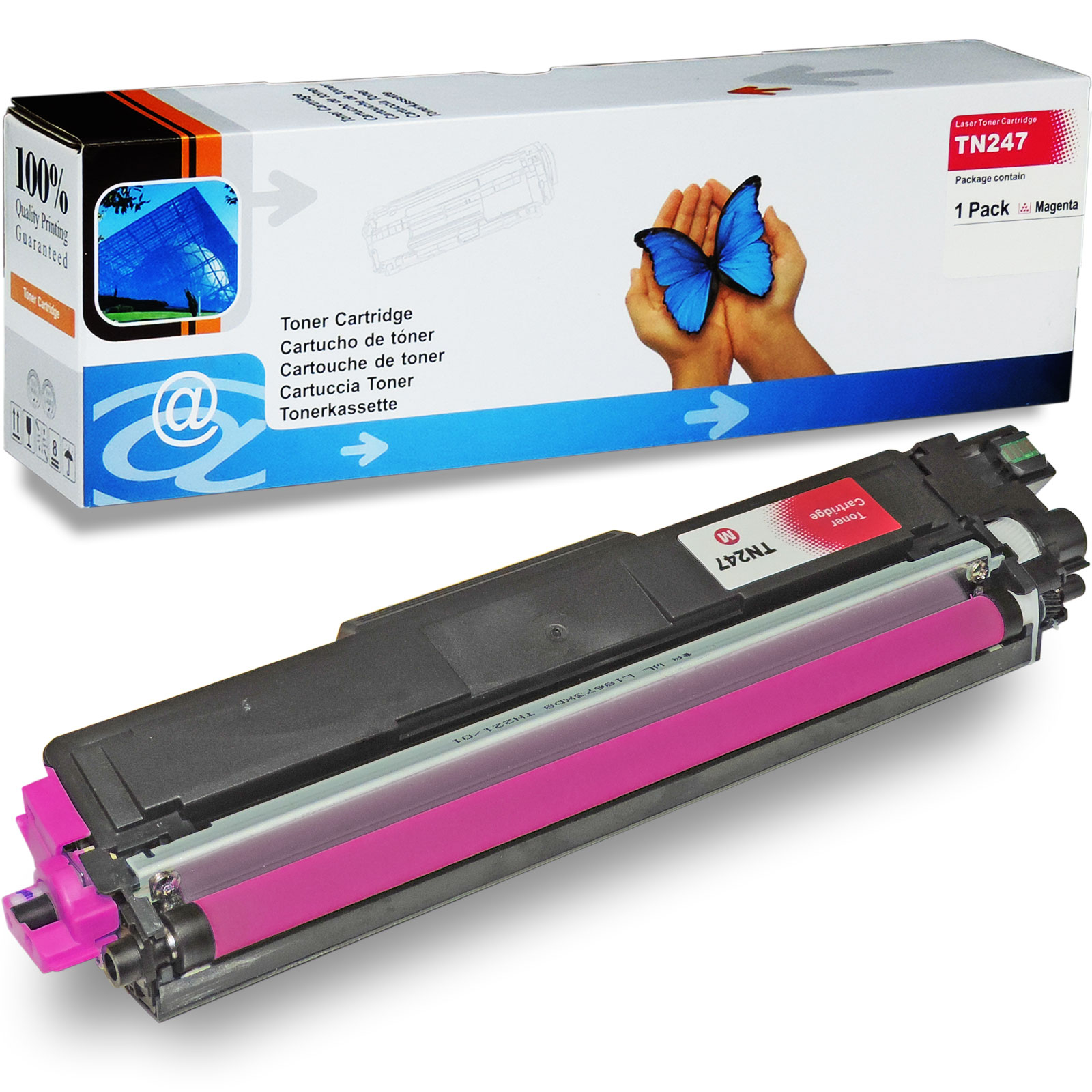 Eine Tonerkassette mit ihrer Schachtel, die einen blauen Schmetterling in Händen zeigt. Die Kassette ist schwarz und pink.