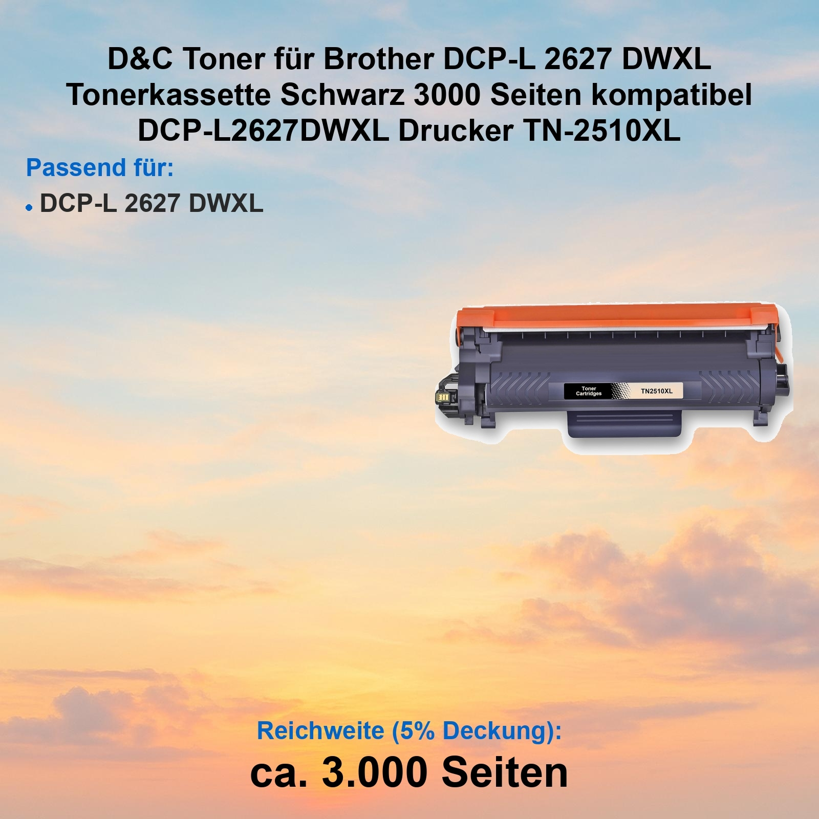 Tonerkartusche für Brother-Drucker. Schwarz und orange. Text: TN-2510XL. Hintergrund: Himmel.