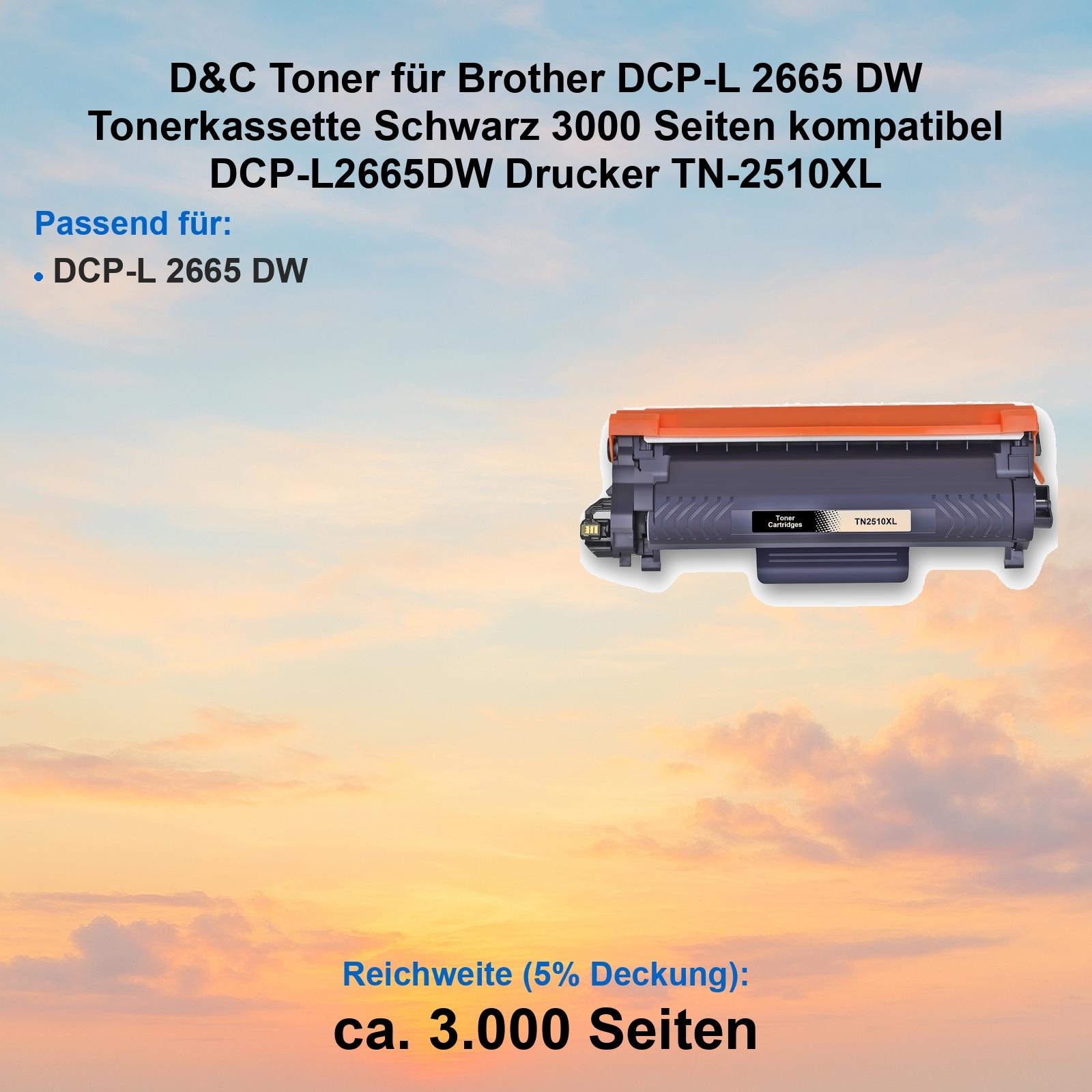 Eine Tonerkartusche mit orangefarbenen und schwarzen Teilen für Brother-Drucker mit Text zu Kompatibilität und Seitenleistung.
