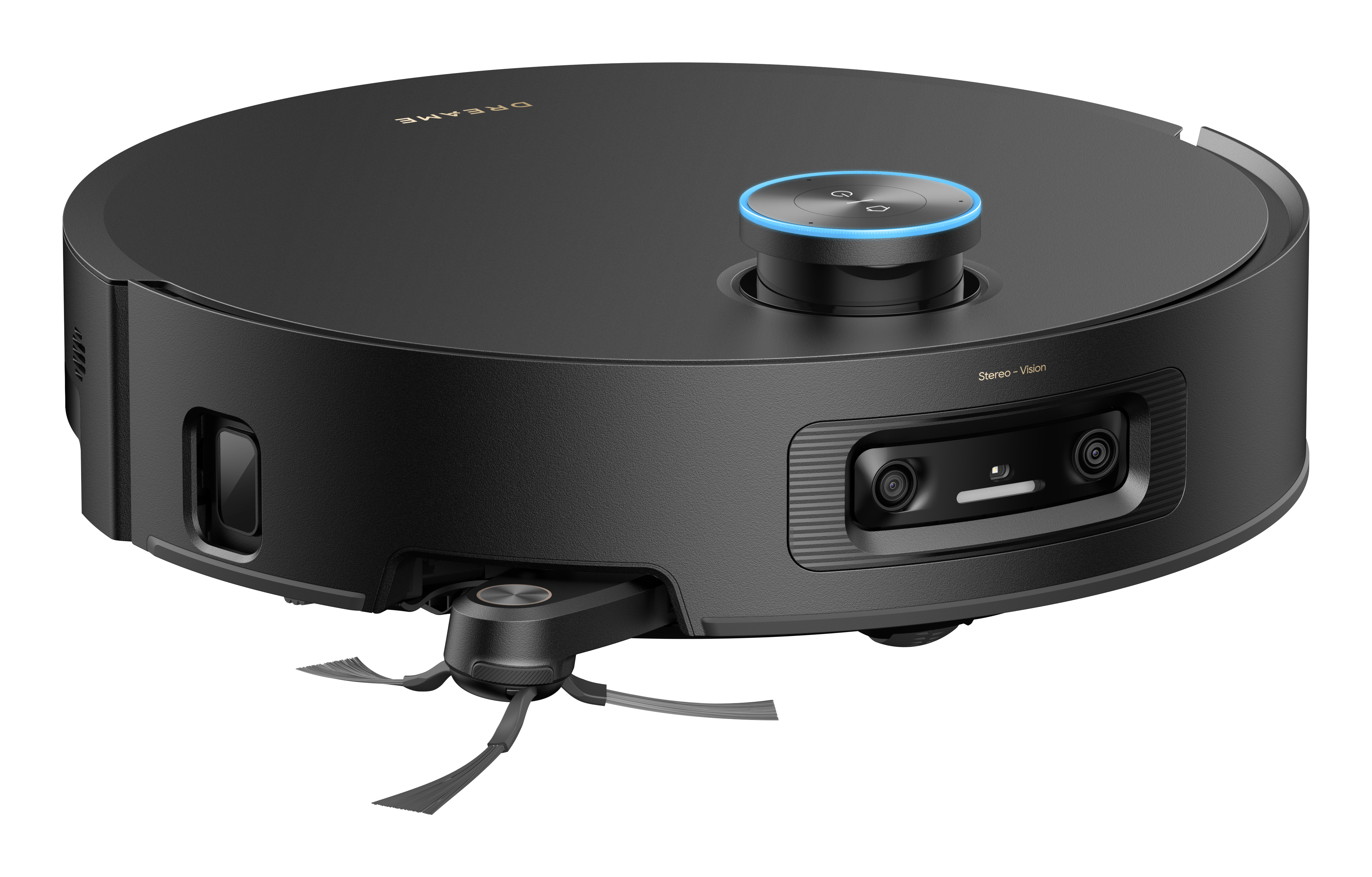 Czarny robot odkurzający. Ma okrągły korpus, z kamerami, szczotkami i panelem sterowania na górze z niebieskim światłem.