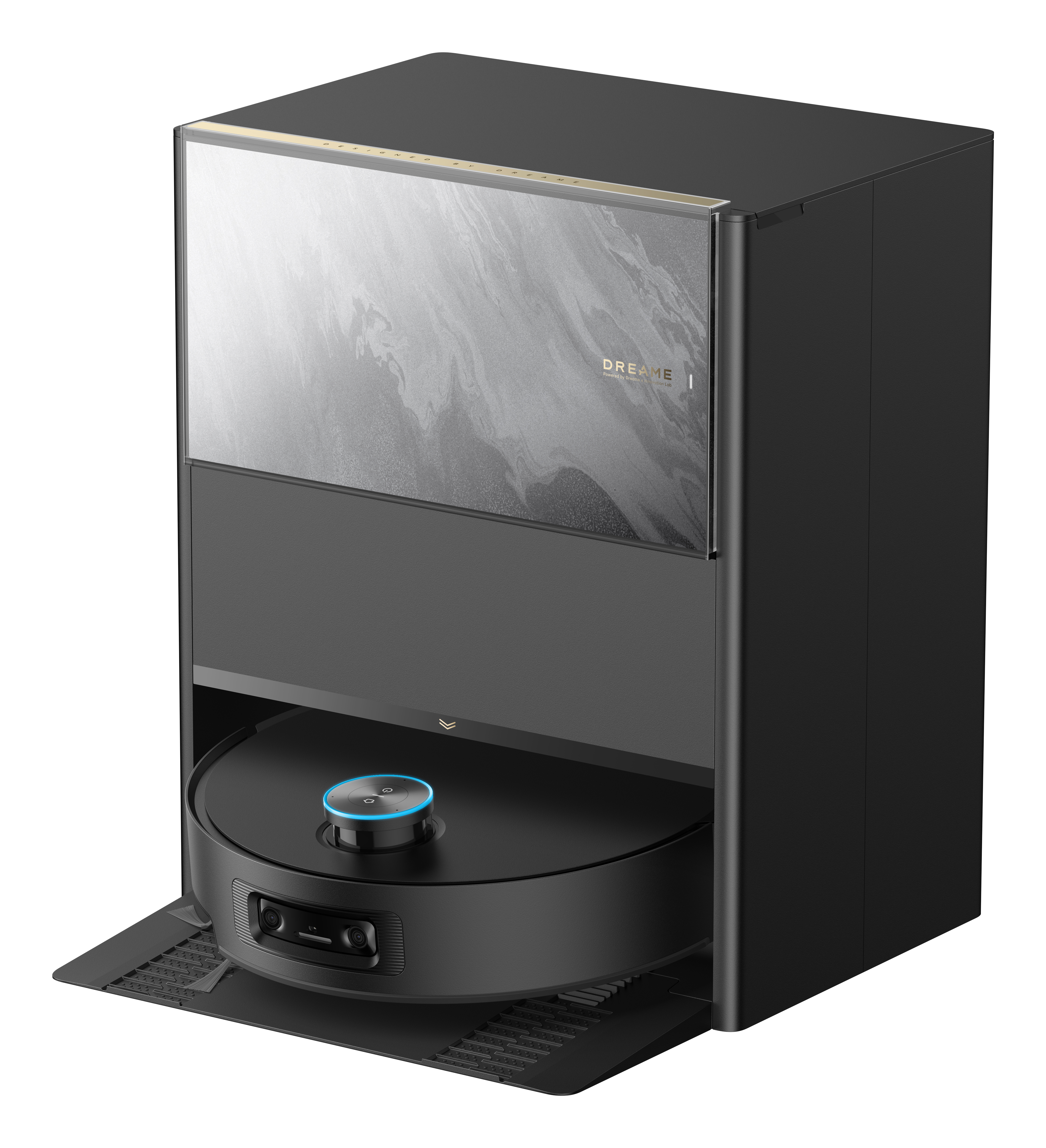 Czarny robot odkurzający w stacji ładującej. Stacja ma marmurowy wzór.