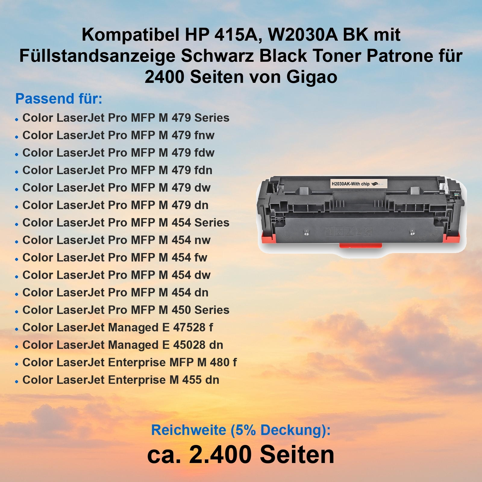 Eine Tonerkartusche mit Chip, Produktname und kompatible Drucker sind aufgeführt.