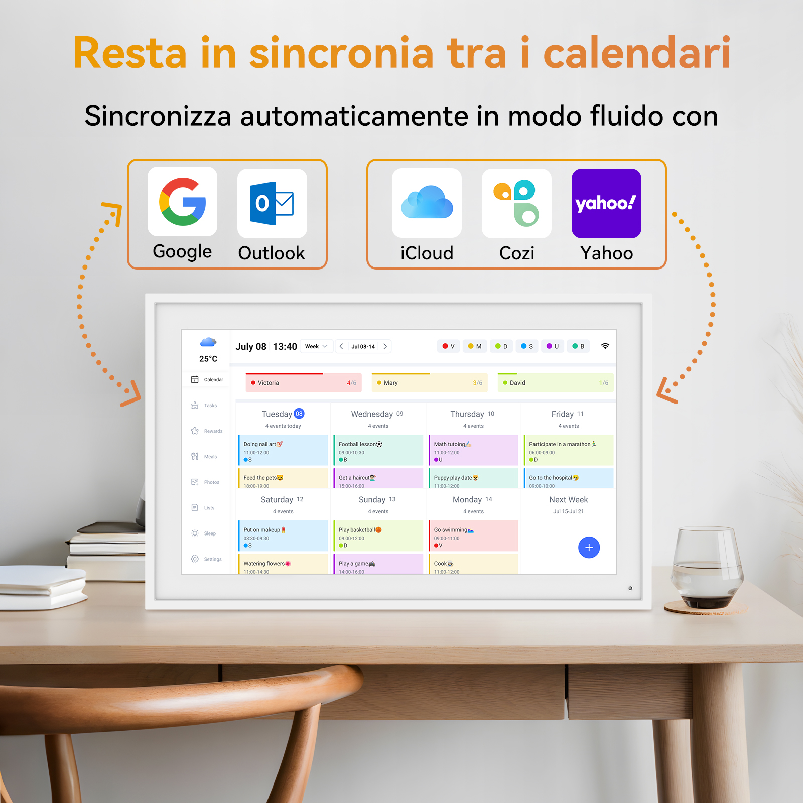Un calendario digitale su un tavolo mostra eventi. Vengono visualizzate icone di Google, Outlook, iCloud, Cozi e Yahoo.