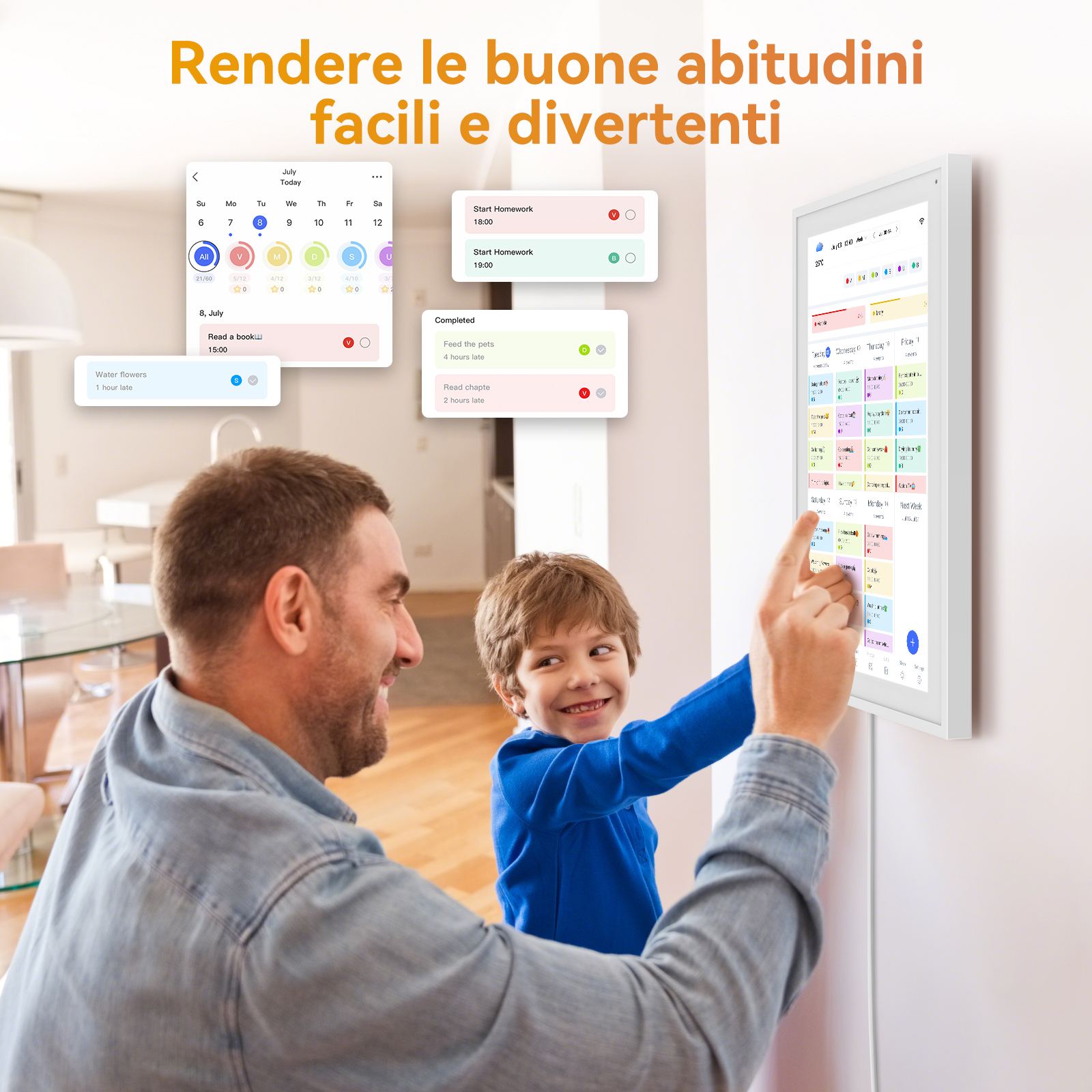 Un uomo e un ragazzo guardano un calendario intelligente su un muro bianco. Il calendario mostra compiti e la data.