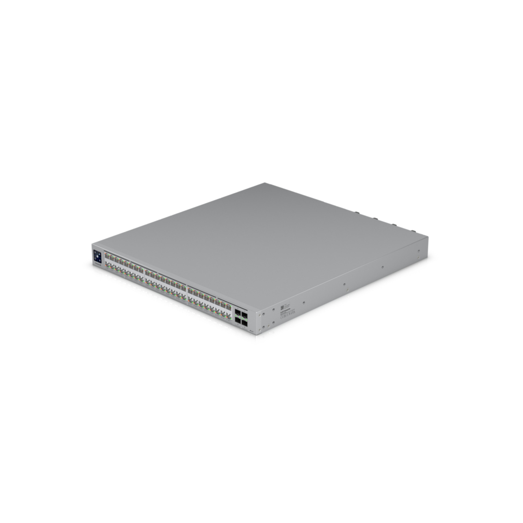 Uno switch di rete grigio su sfondo bianco. Ha molte porte e luci.
