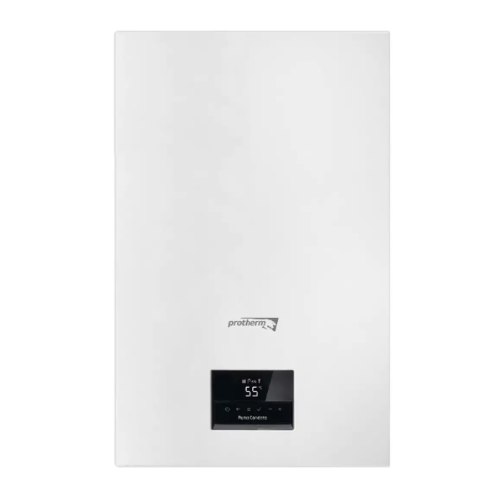 Caldera Protherm blanca con pantalla digital negra que muestra 55 grados. La pantalla tiene botones de control debajo y el logotipo.