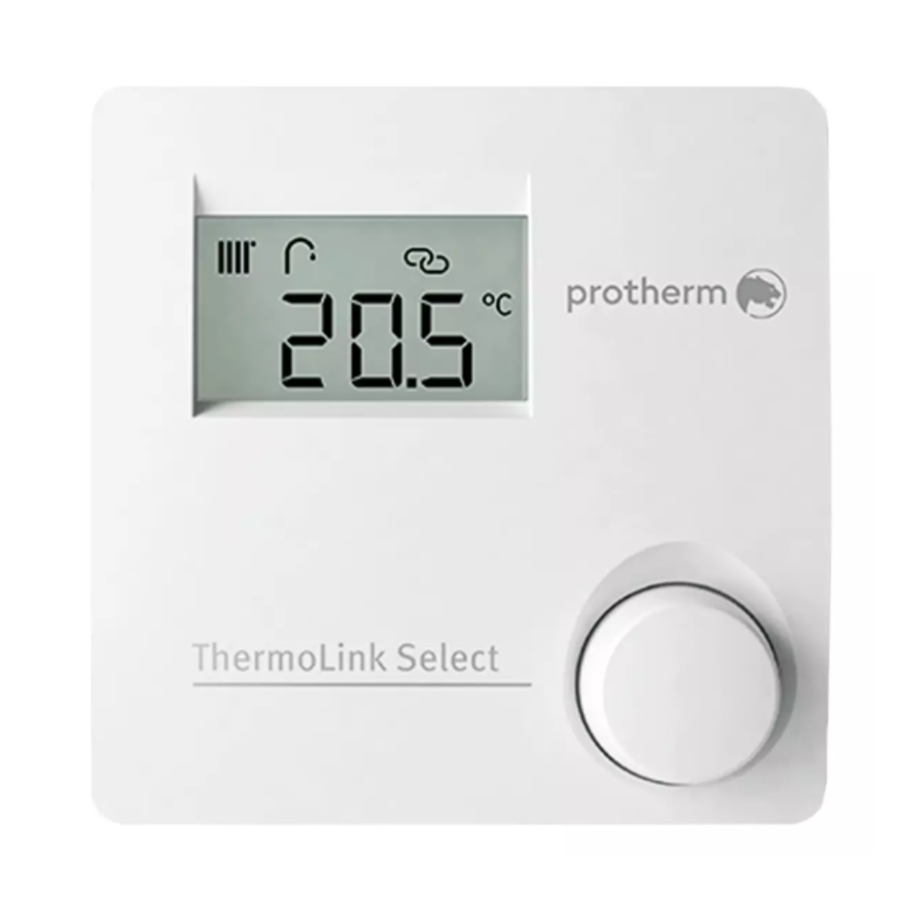 Termostato blanco con pantalla digital que muestra 20,5 grados. Tiene un dial giratorio y el texto ThermoLink Select.