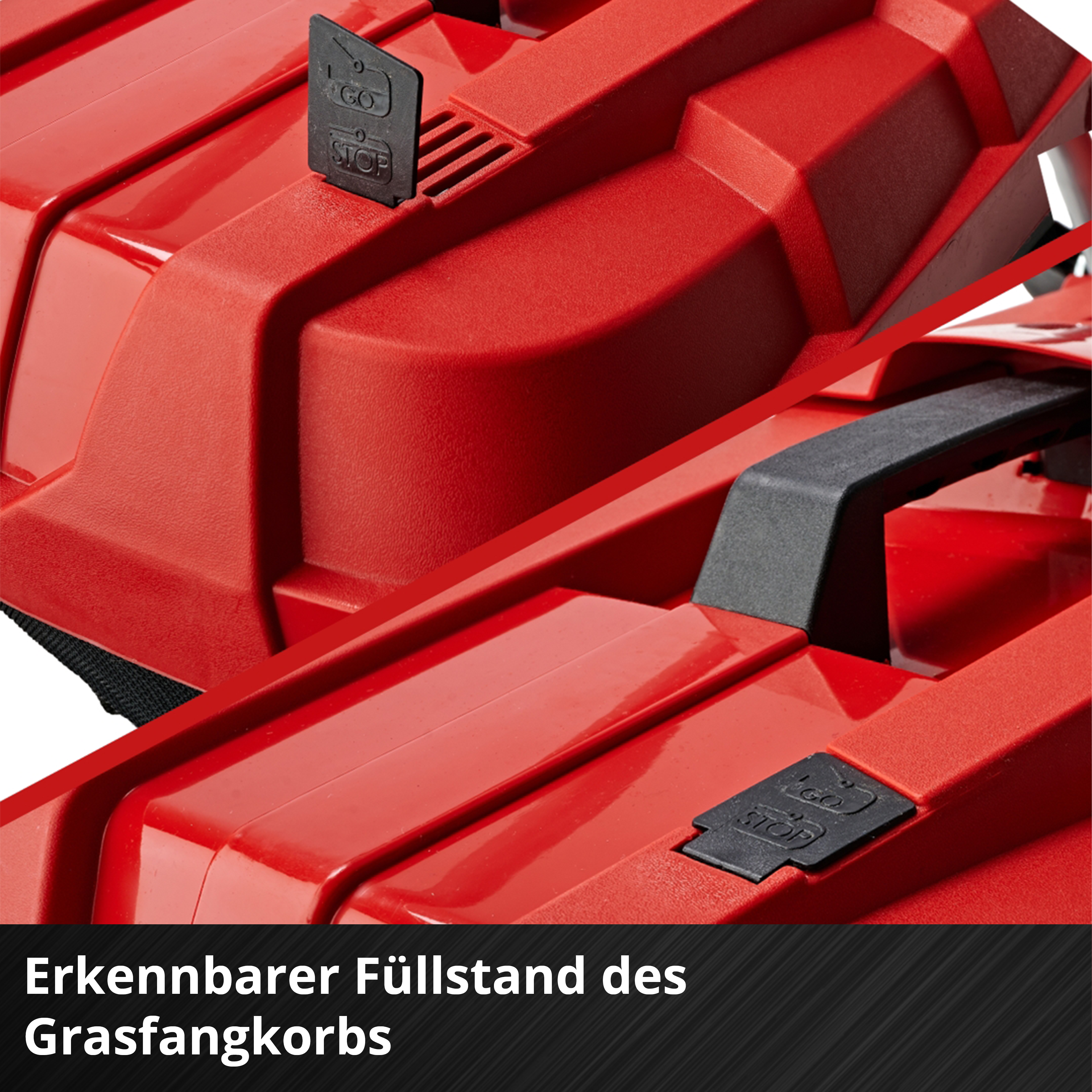 Roter Kunststoffgegenstand mit schwarzen Griffen und Etiketten. Text 'GO' und 'STOP' ist auf einem schwarzen Hebel sichtbar.