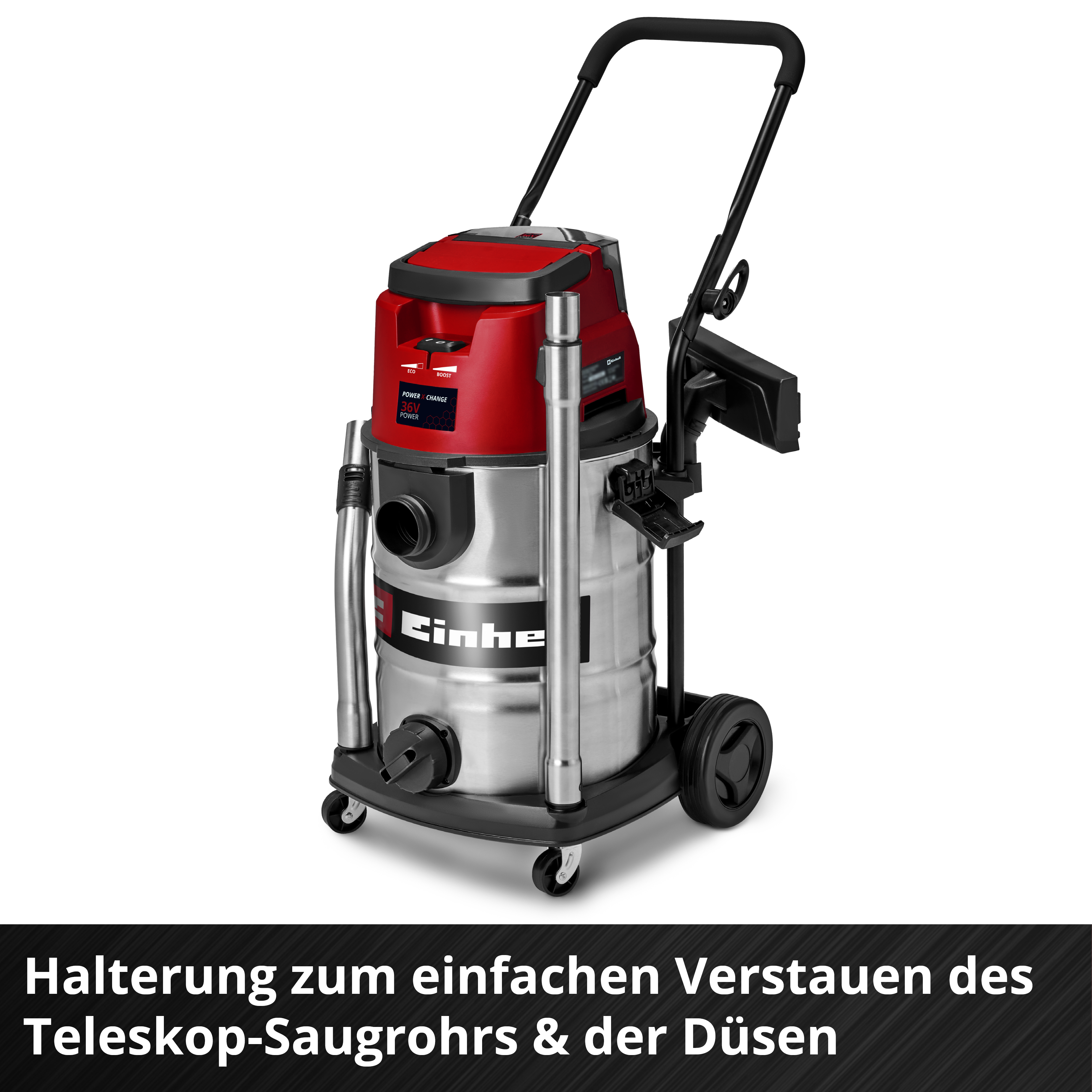 Ein roter und silberner Staubsauger auf Rädern. Er hat einen Griff und ist mit 'Einhell' beschriftet.