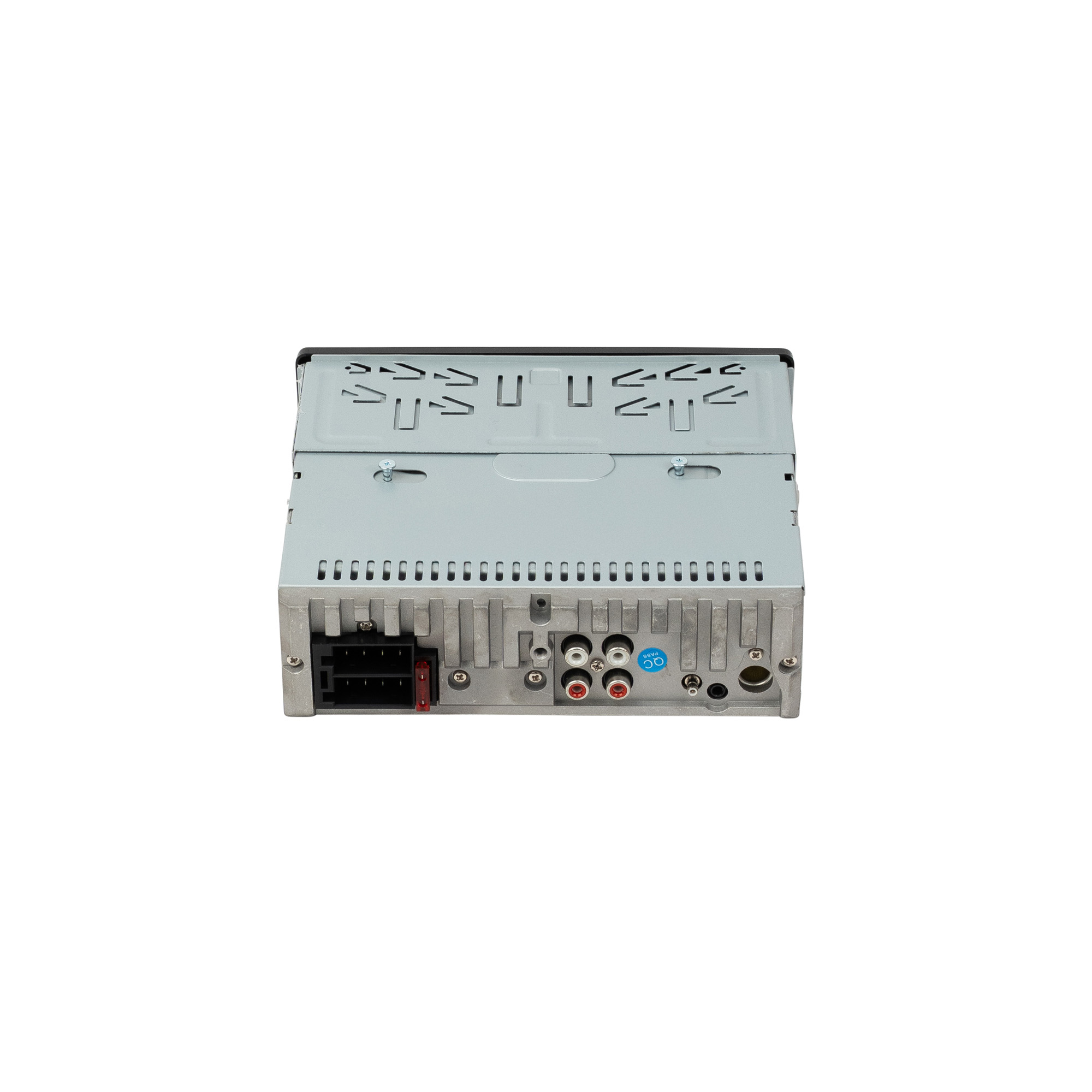 Rear view of a car stereo, with various input ports and a connector. It has a metallic body, with black and red details.