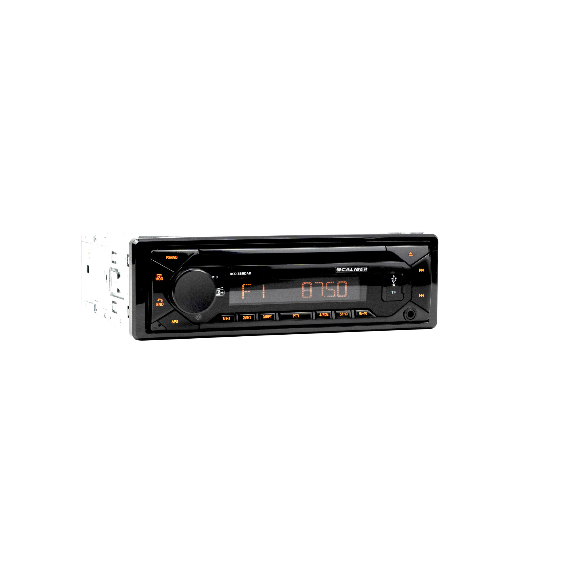 A black car stereo with orange display showing 'F1 87.50'. Buttons and a knob are visible, the background is white.
