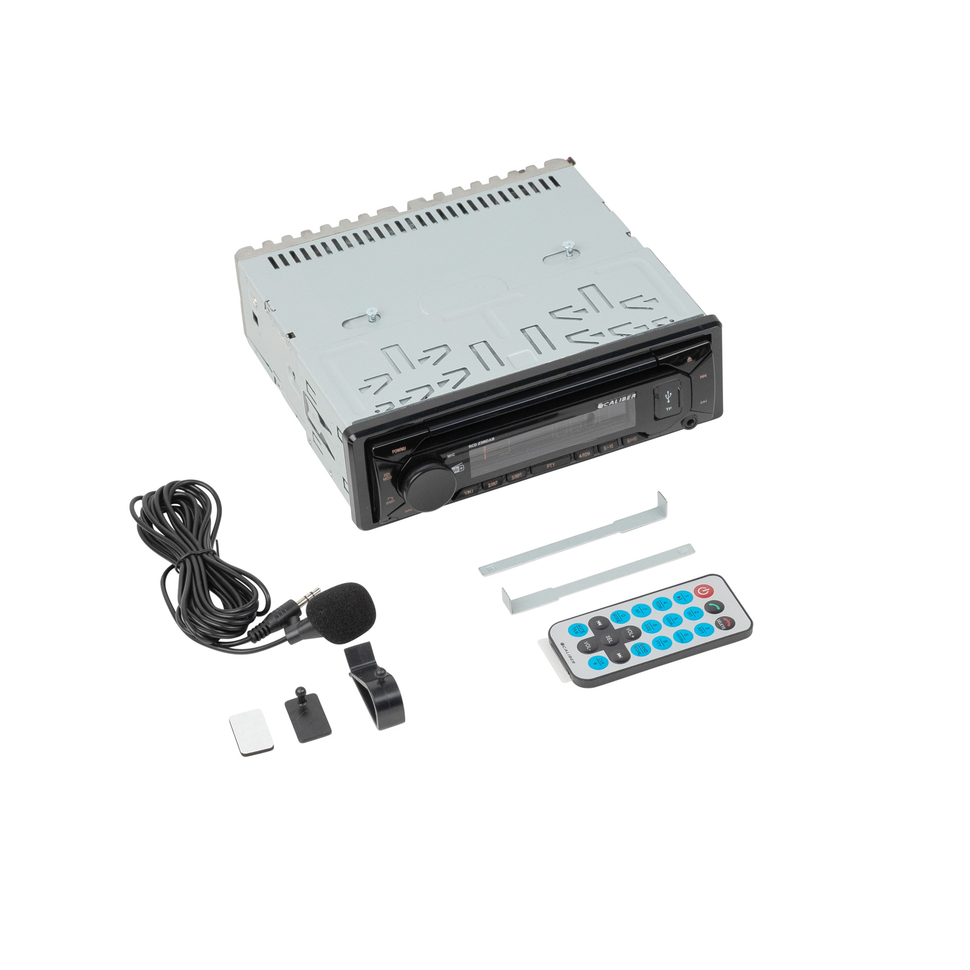 A car stereo with a microphone, remote, and mounting brackets on a white background.