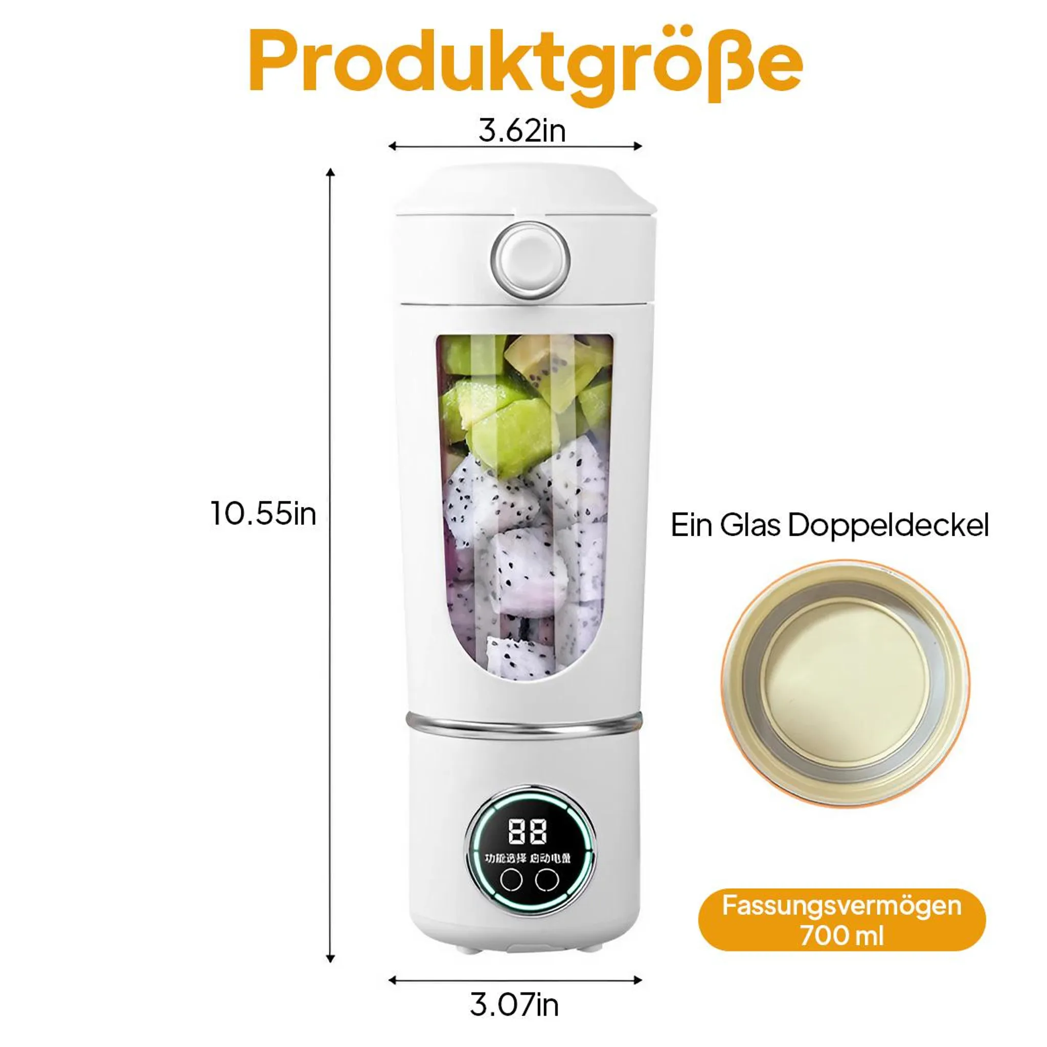 Ein weißer Mixer mit Früchten. Er hat eine Digitalanzeige und Maße. Der Text lautet Produktgroße.