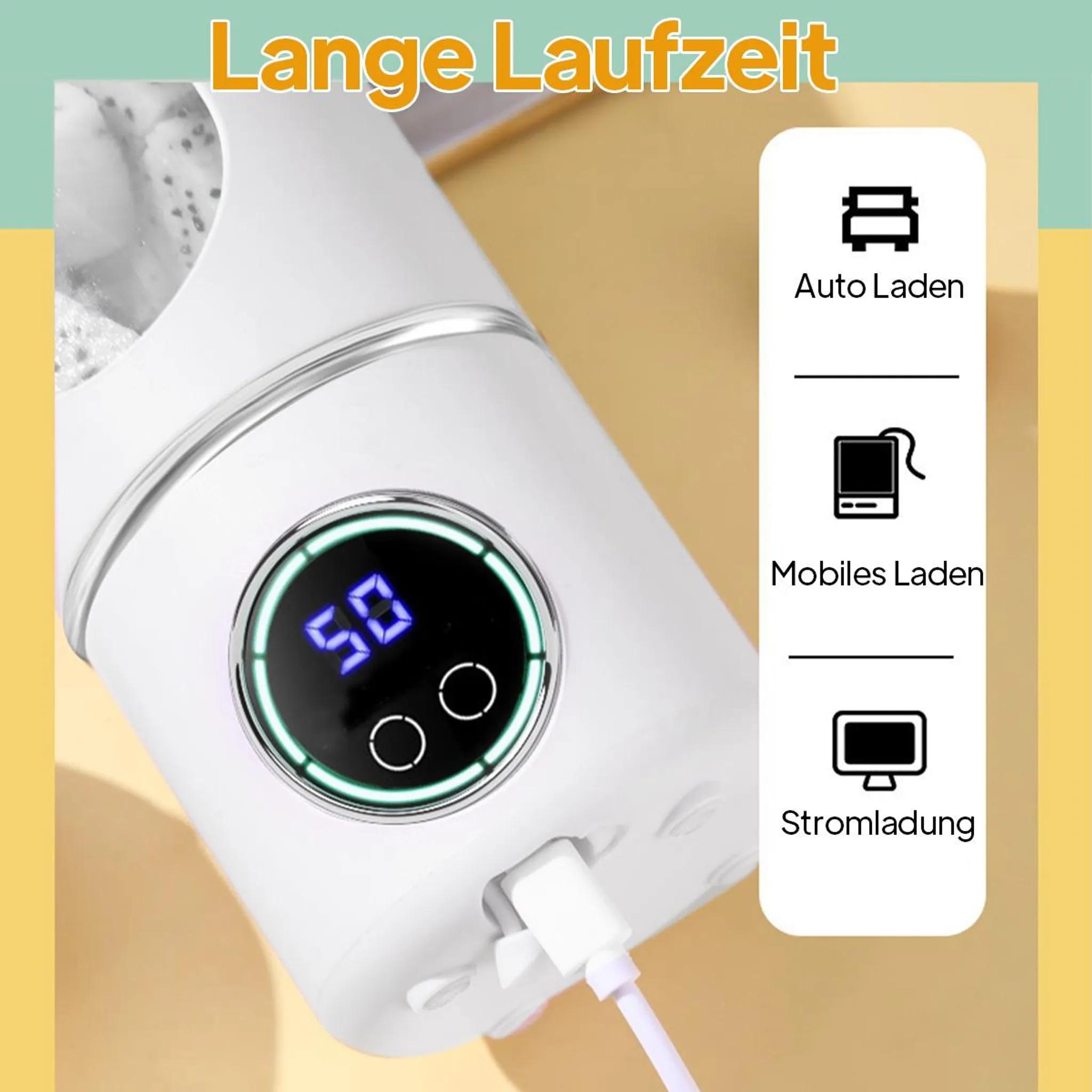 Weißes Gerät mit Digitalanzeige '50'. Symbole zum Aufladen rechts. Ein USB-Kabel ist angeschlossen.