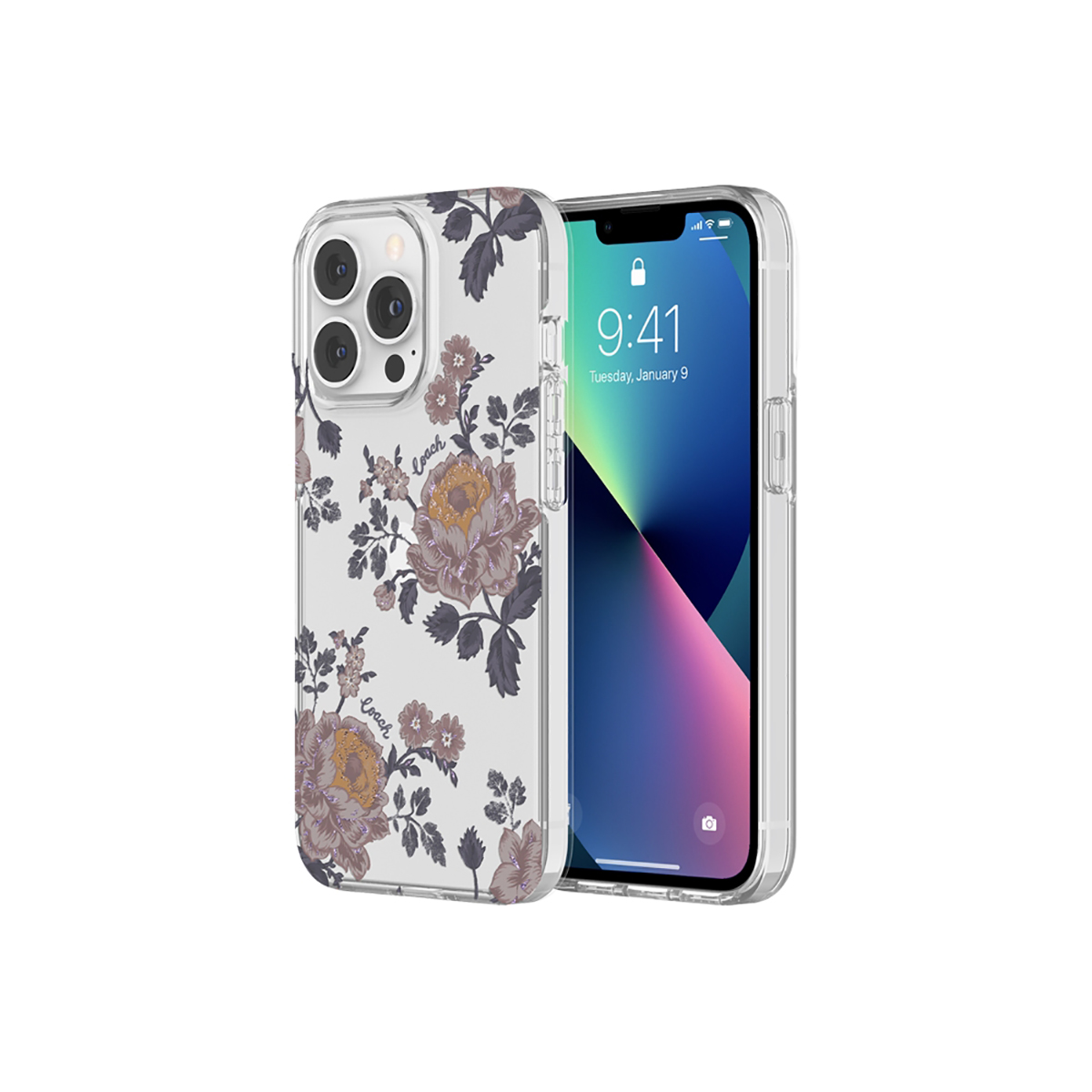 Un iPhone con custodia floreale. La custodia ha uno sfondo trasparente con fiori marroni e gialli. Lo schermo dell'iPhone mostra l'ora.