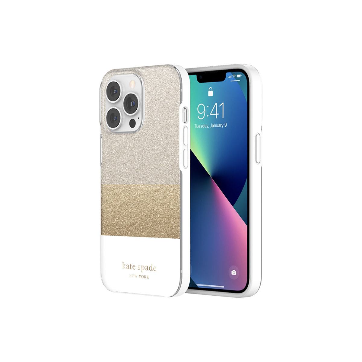 Un iPhone con una custodia Kate Spade. La custodia ha sezioni argentate, dorate e bianche glitterate. Lo schermo dell'iPhone mostra l'ora.
