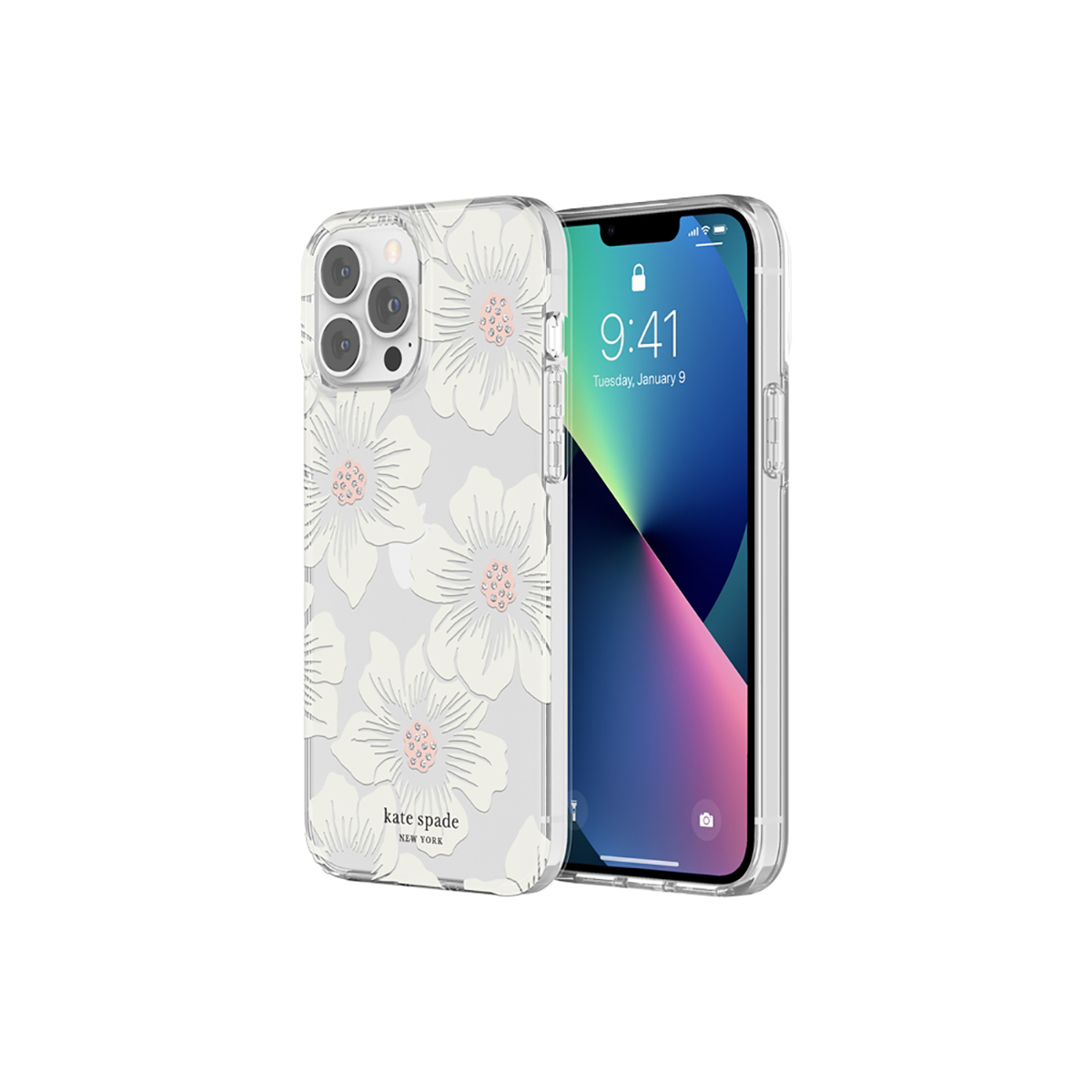 Un iPhone con una custodia floreale. La custodia ha fiori bianchi e un centro rosa. Lo schermo mostra le 9:41.