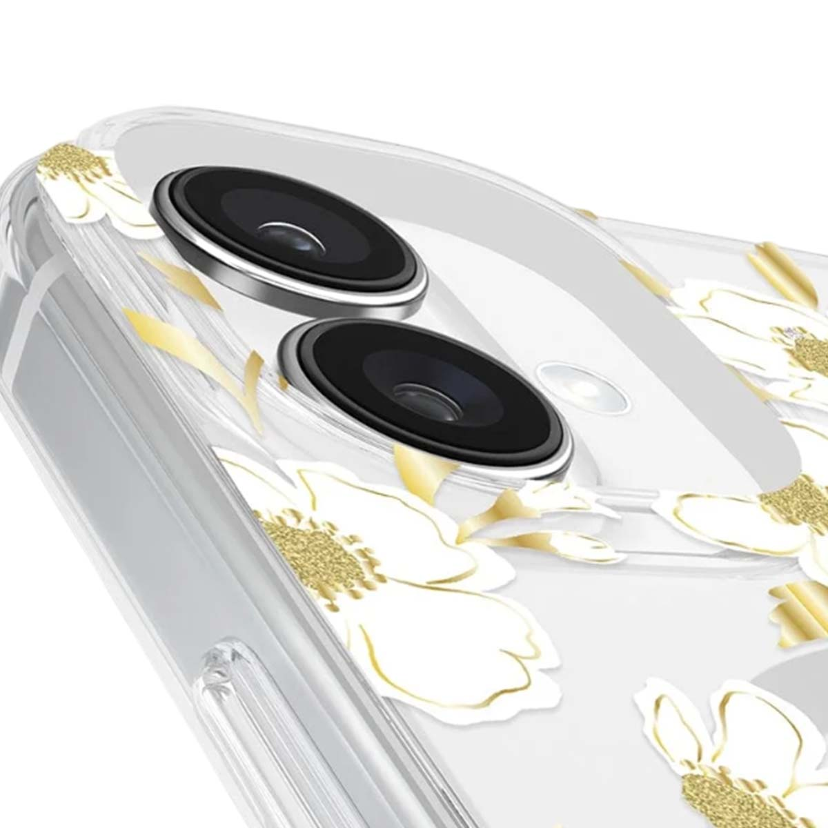 Primo piano di una custodia trasparente per telefono con design a fiori bianchi e due lenti nere. Accenti e dettagli dorati.