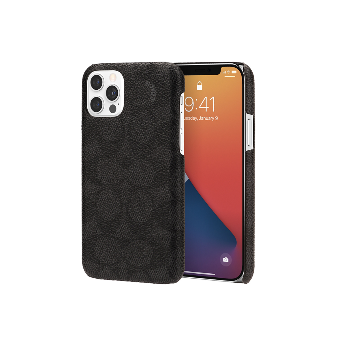 Un iPhone con custodia nera Coach. Lo schermo mostra le 9:41. La custodia ha una superficie strutturata con loghi Coach.