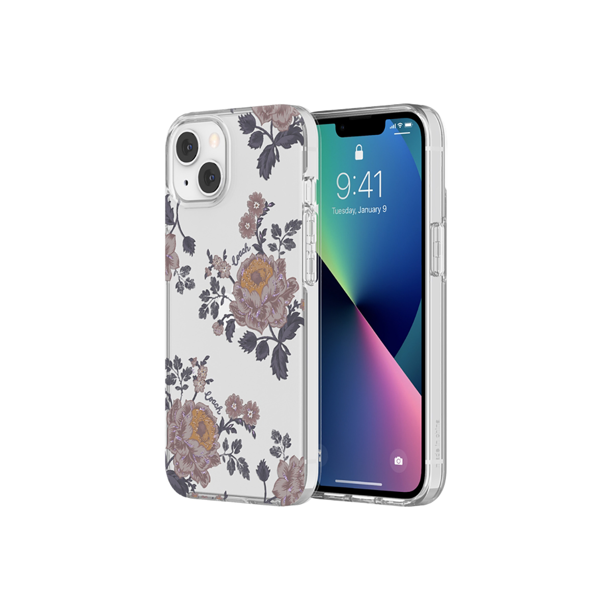 Un iPhone 13 in una custodia trasparente con un design floreale. Lo schermo mostra l'ora 9:41. La custodia ha un motivo floreale.
