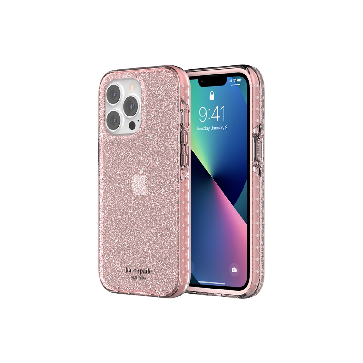 Due iPhone, uno con una custodia rosa glitterata, l'altro con una schermata di blocco. La custodia è di Kate Spade.