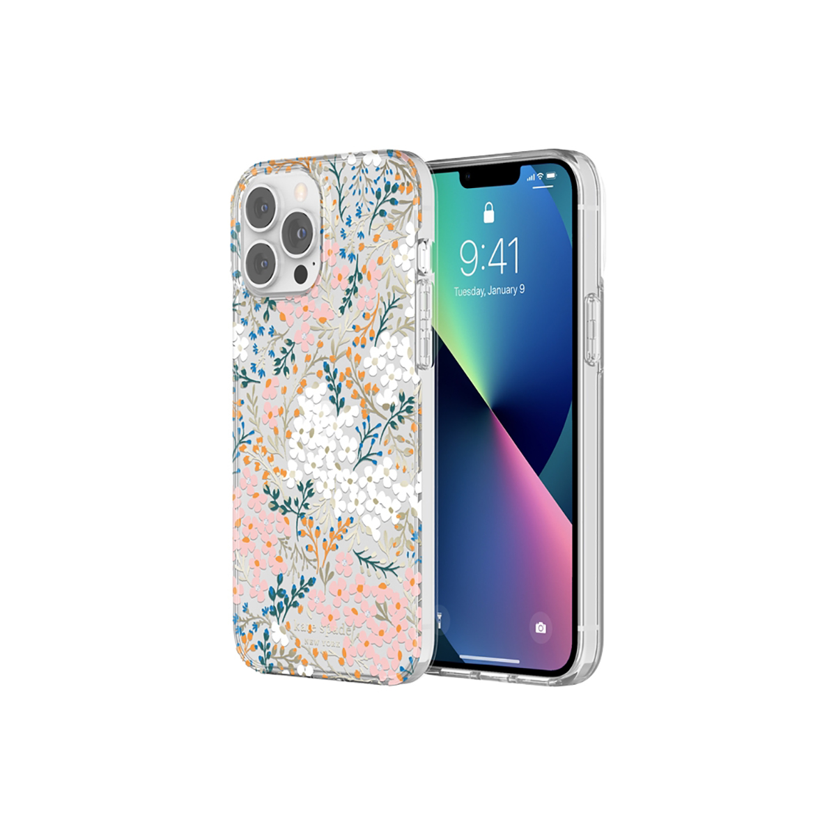 Un iPhone con una custodia floreale. La custodia ha un motivo di fiori bianchi, rosa, blu e arancioni. Lo schermo mostra l'ora e la data.