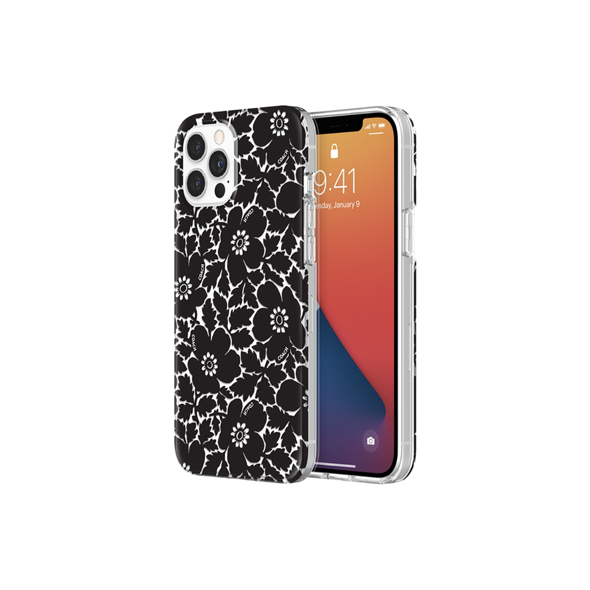 Un iPhone con una custodia floreale è in mostra. La custodia ha un motivo floreale in bianco e nero.