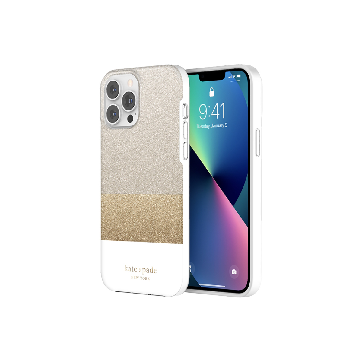 Un iPhone con una custodia glitterata. La custodia è oro, bianca e argento. Il telefono mostra l'ora 9:41 su uno sfondo blu.