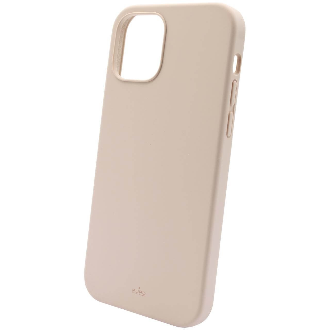 Custodia beige per telefono, leggermente angolata. Fori per fotocamera e pulsanti. Il marchio PURO è visibile in basso.