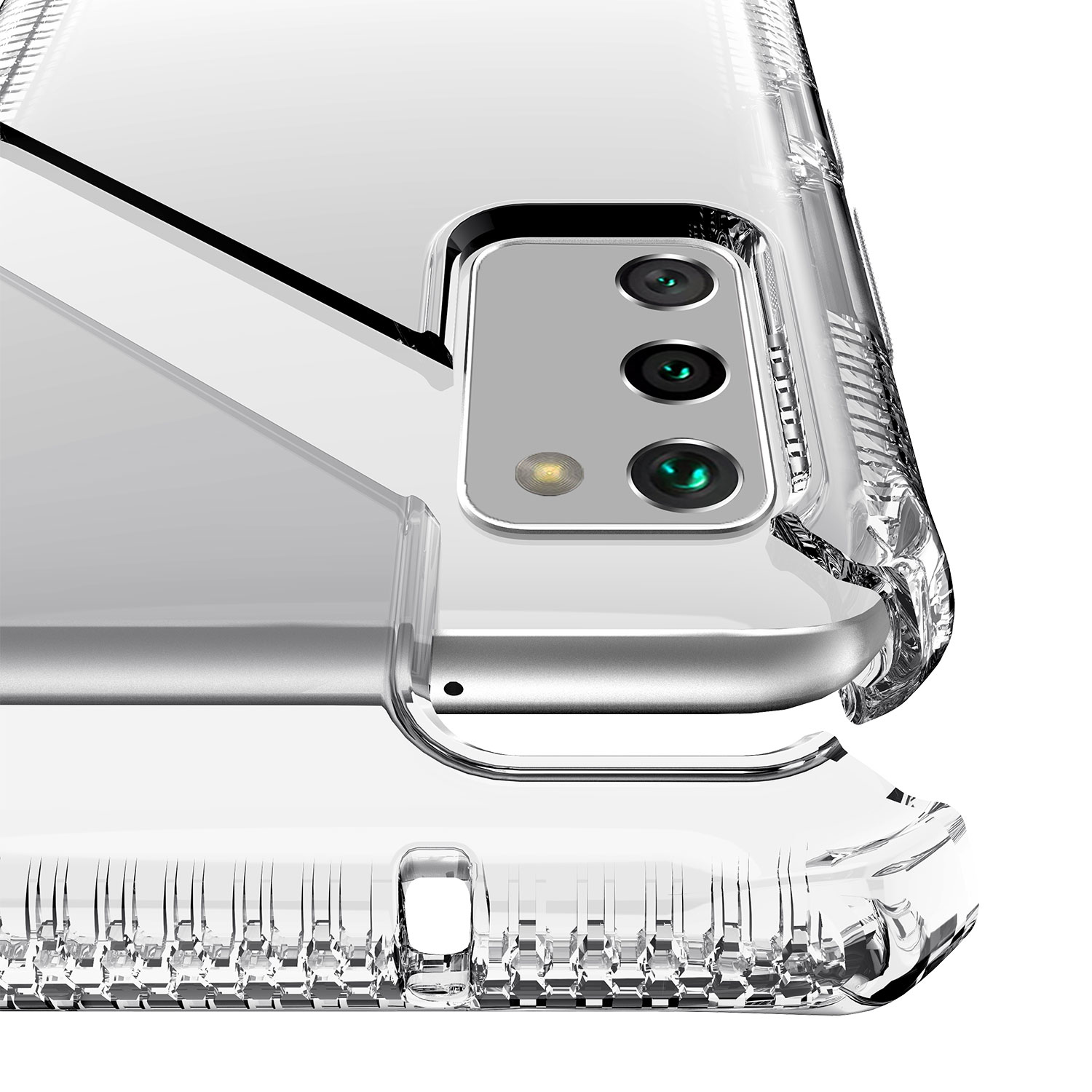 Primo piano di un telefono in una custodia trasparente. Il telefono ha tre obiettivi. La custodia ha un fondo strutturato.