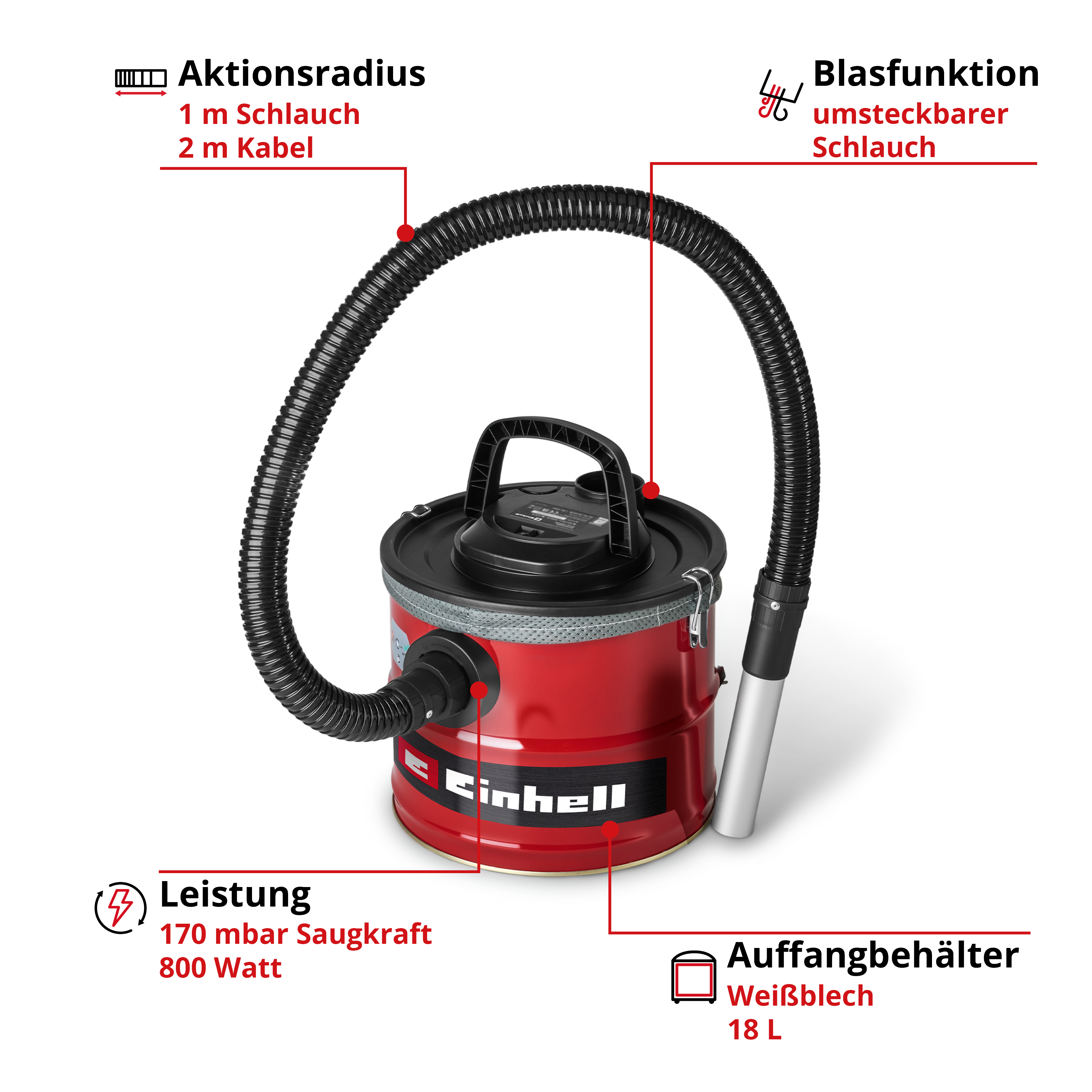 Roter und schwarzer Staubsauger mit flexiblem Schlauch und Aufsätzen. Etiketten zeigen Leistungs- und Kapazitätsangaben.