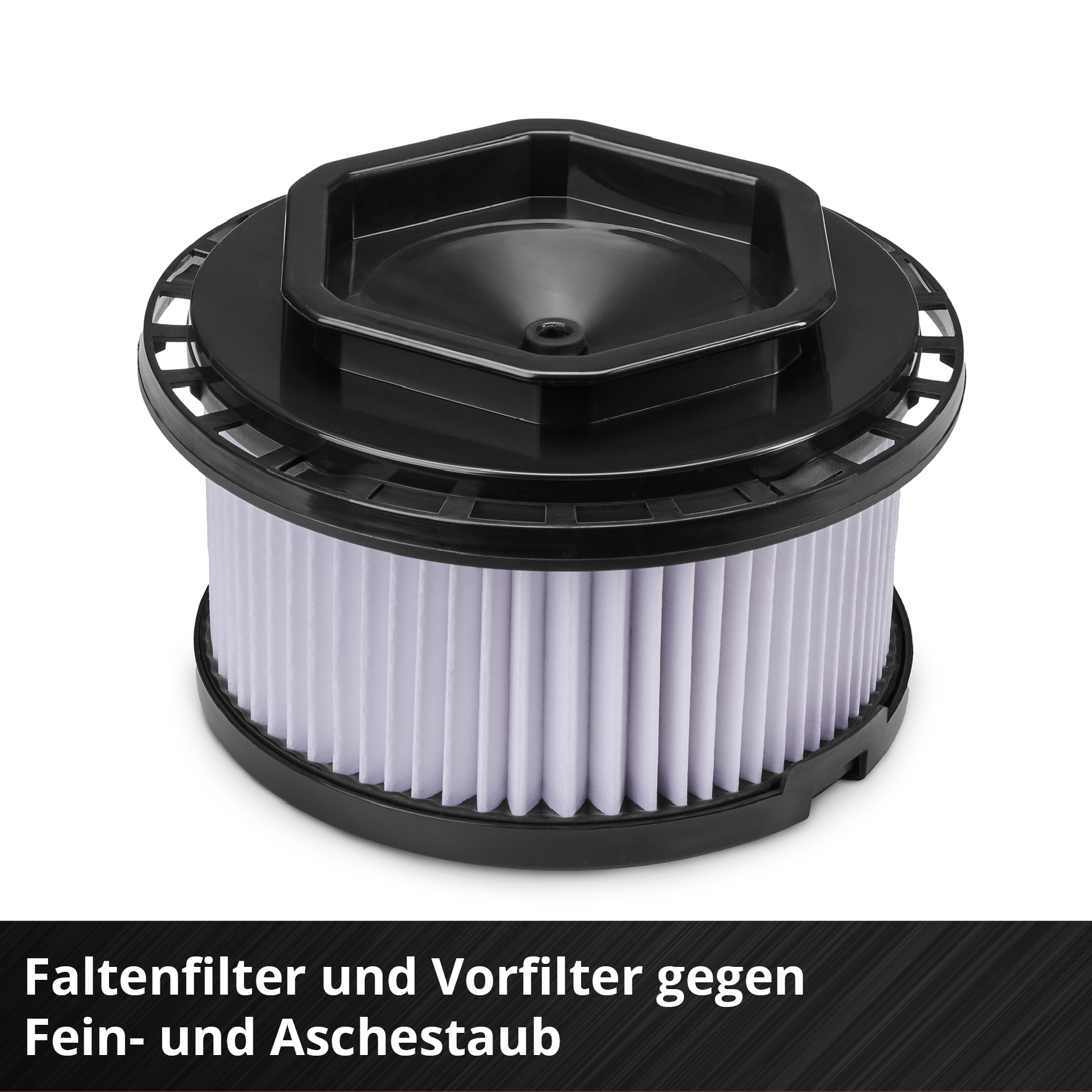 Ein zylindrischer Luftfilter für einen Staubsauger. Er hat eine schwarze Ober- und Unterseite und weißes Faltenfiltermaterial.