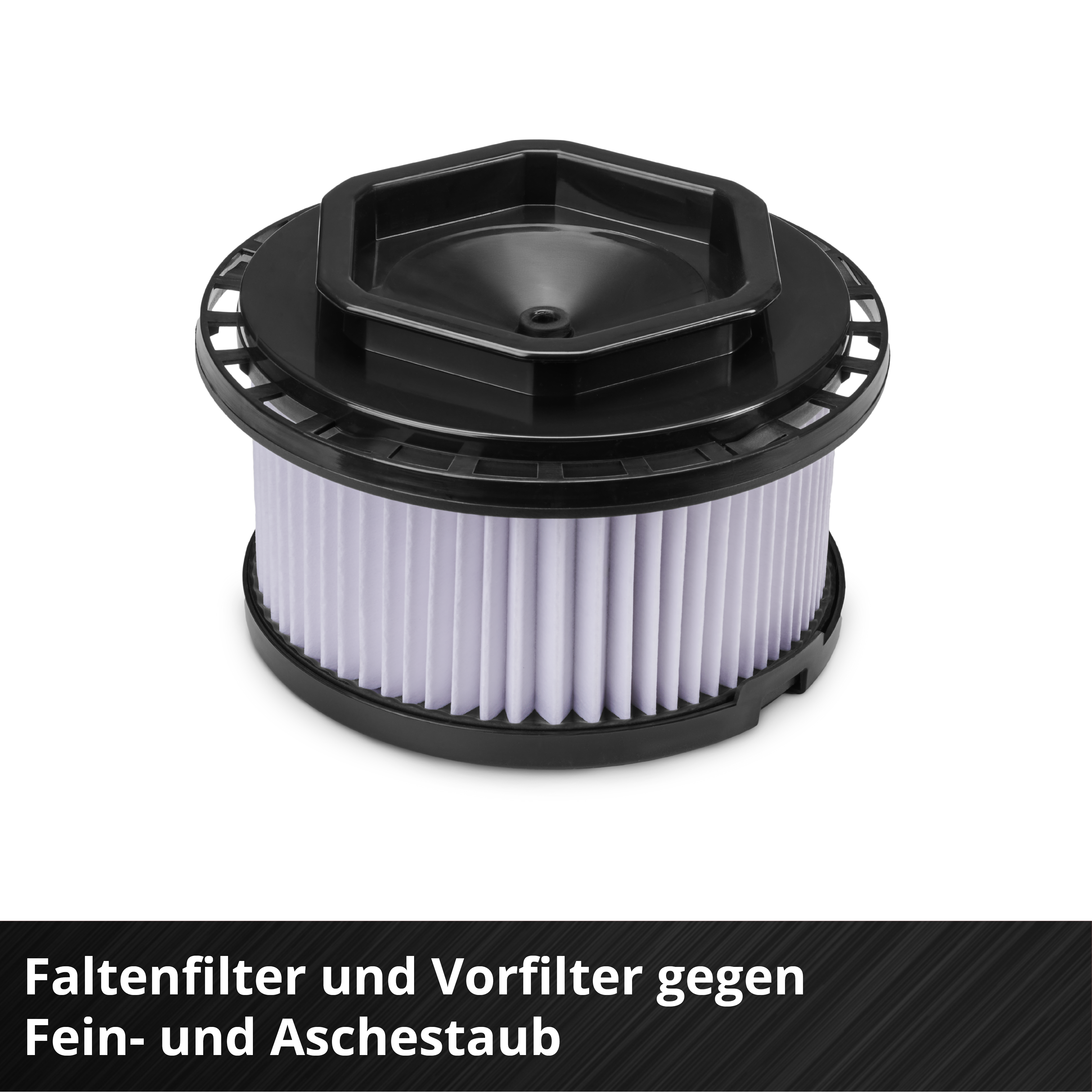 Ein zylindrischer Filter mit schwarzer Ober- und Unterseite, weißem Faltenfilterpapier dazwischen. Text: 'Faltenfilter und Vorfilter'.