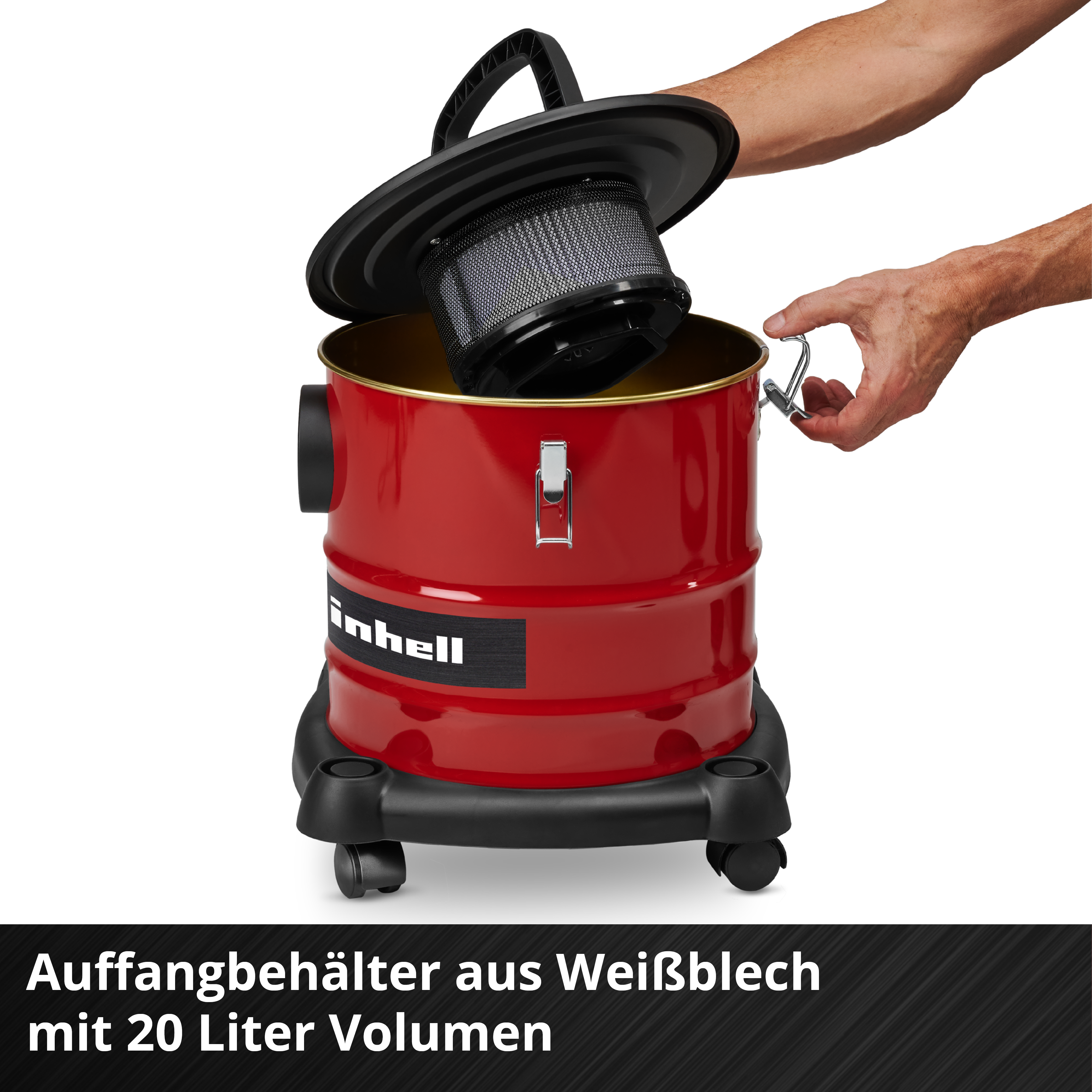 Ein roter Einhell-Staubsauger, Filter entfernt, mit einer Hand, die ihn öffnet. Text unten: 'Auffangbehälter aus Weißblech mit 20 Liter Volumen'.